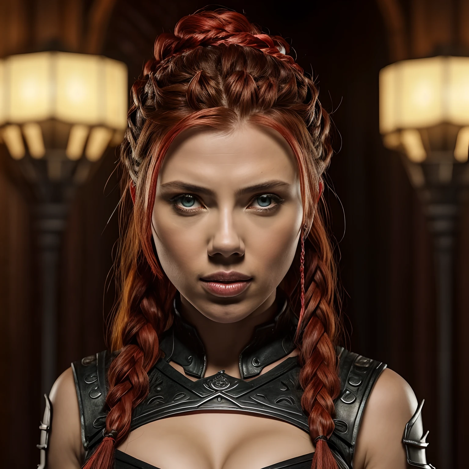 Berserker, barbarian woman(Scarlet Johansson), Arte de Fantasia, of his gaze alone enemies beginning to panic, one head, devilish smile, besta do inferno, demonio, White Fire Sky, guerreira, com foice e escudo, Linda, Mulheres, Werelion, Long red braided hair, olhos dourados brilhantes, realista, altamente detalhados, Motor irreal, 8k de luxo