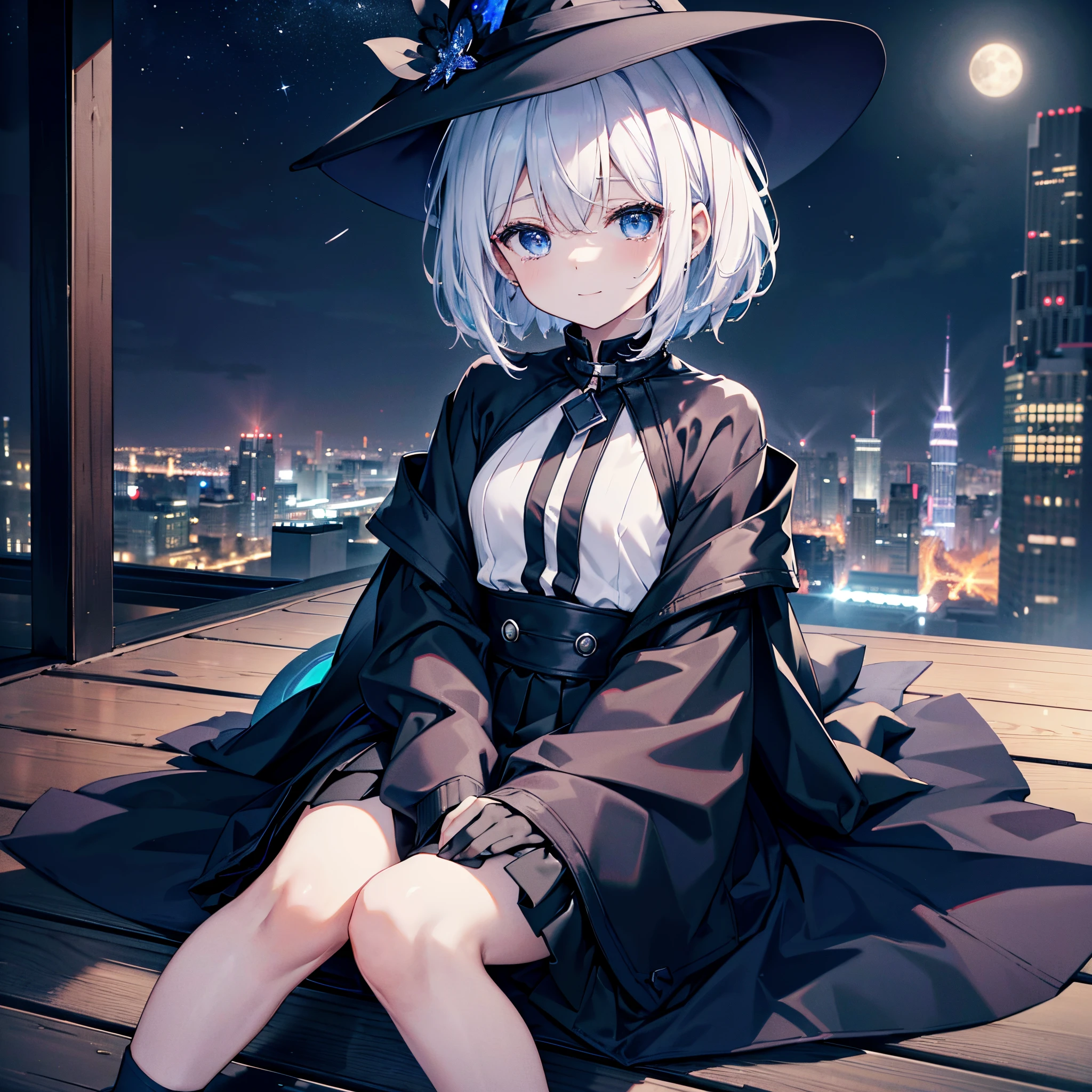 This is the roof of a skyscraper that is taller than other buildings in the middle of the night、midnight、this is a city、You can see a lot of low buildings behind you、Photograph her from above、Oblique view、deep in the night、Small moon and starry sky、You can see the beautiful sea with the moonlight reflecting in the distance.、A 27-year-old small-breasted woman Sitting on the floor holding her knees、She wears a large black witch hat with sapphire accessories、White medium shorthair with blue-purple mesh、pure white bob hair、Blue eyes with highlights、she is wearing a white t-shirt、She is wearing a long black coat over a white t-shirt、The front of the black long coat is open、She wears a black skirt、black knee-length box pleat skirt、Black sneakers with white shoelaces、small tits、discreet breasts、A fragile smile、Spill tears、hiquality、High Details、high-level image quality、4K picture quality、beatiful backgrounds,drawn by Japanese ilastrator