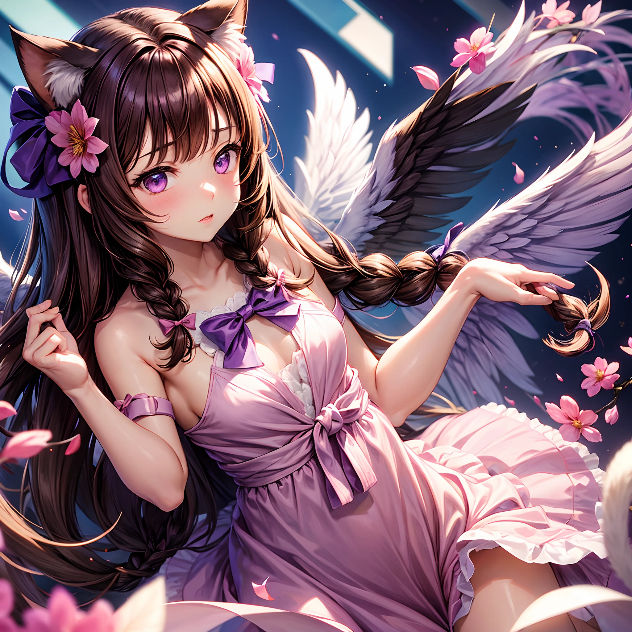 (best quality,4k,8k,highres,masterpiece:1.2),ultra-detailed,(realistic,photorealistic,photo-realistic:1.37),acrylic painting,beautiful Brazilian model in a ta dress with downy hair,beautiful Brazilian model with extremely colorful brown hair and detailed facial features,beautiful Brazilian model standing in a beautiful garden surrounded by a starry sky,brown hair,beautiful Brazilian model wearing a vibrant pink and teal Loliress,beautiful Brazilian model with intricate accessories,cat ears,beautiful Brazilian model posing gracefully with her hands on her hips,beautiful Brazilian model with long flowing twintails,beautiful Brazilian model with bright brown eyes and rosy lips,beautiful Brazilian model with a joyful expression,beautiful Brazilian model in a dynamic pose with cherry blossoms falling around her,beautiful Brazilian model surrounded by colorful flowers and butterflies,beautiful Brazilian model's dress adorned with cute bows and lace details,beautiful Brazilian model with an enchanting smile,beautiful Brazilian model with soft, pastel-colored shading,beautiful Brazilian model with a magical glow illuminating her,beautiful Brazilian model in a picturesque setting with a winding path leading to a magnificent castle,beautiful Brazilian model with a fairytale-like background,beautiful Brazilian model with a soft, dreamy atmosphere,beautiful Brazilian model with a subtle bokeh effect,beautiful Brazilian model standing under a sun sky,beautiful Brazilian model with a warm, golden sunset in the background,beautiful Brazilian model surrounded by twinkling stars and colorful nebulae,creating an ethereal and captivating artistic masterpiece, normal pose.