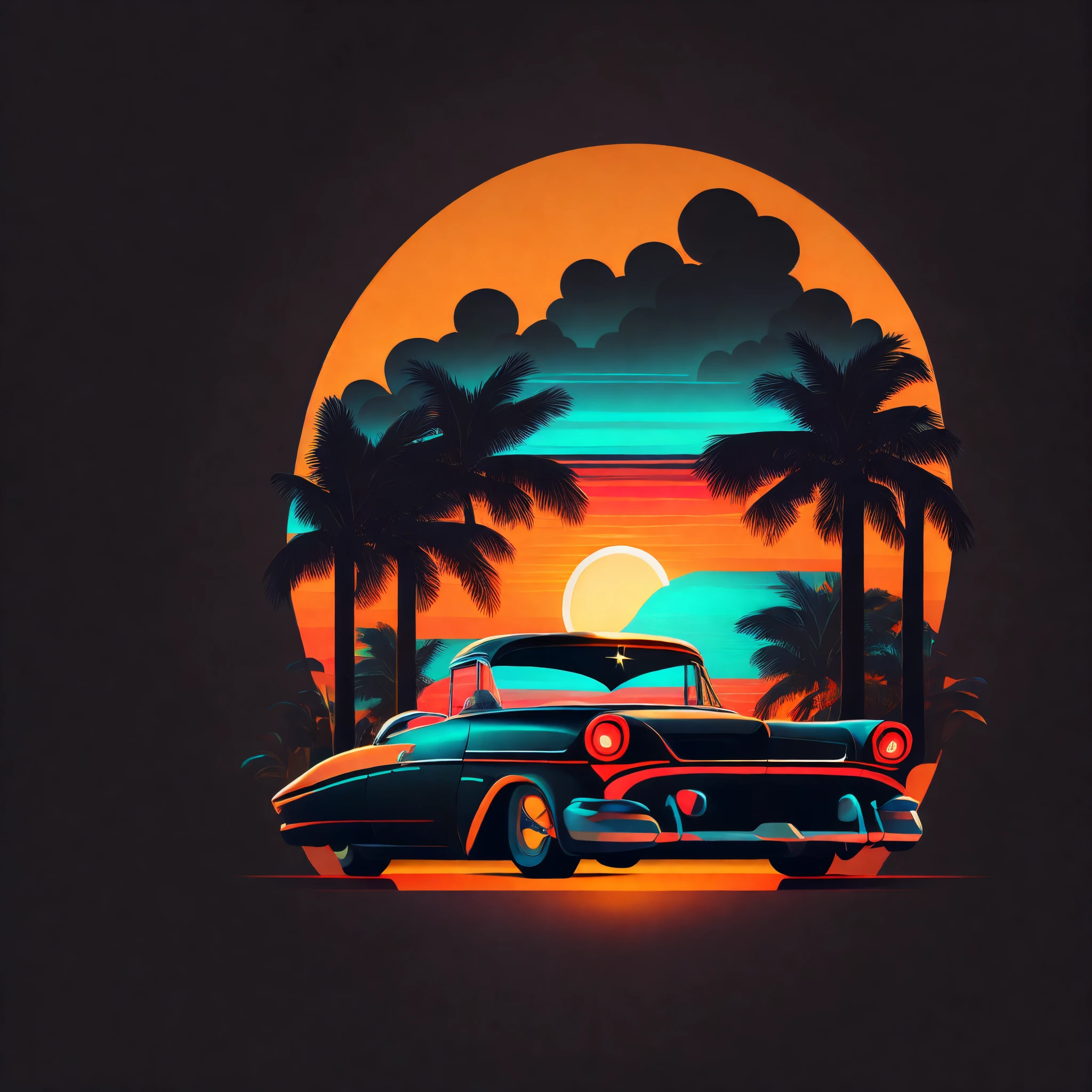 T-shirt graphic design art, a retro graphic design, opala preto, rua miami, cor suave de quatro cores, tom pastel vintage, limpeza altamente detalhada, imagem vetorial, obra-prima realista, fotografia profissional, carro realista, fundo simples do nascer do sol do carro, fundo preto plano, isometric, vetor vibrante