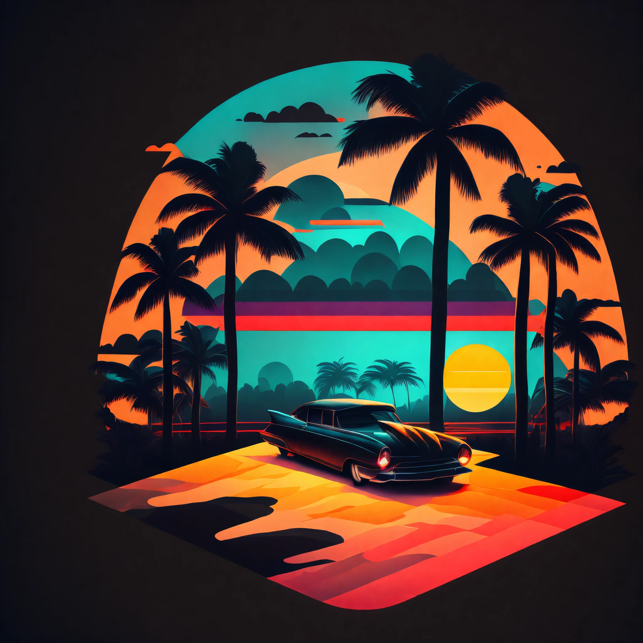 T-shirt graphic design art, a retro graphic design, opala preto, rua miami, cor suave de quatro cores, tom pastel vintage, limpeza altamente detalhada, imagem vetorial, obra-prima realista, fotografia profissional, carro realista, fundo simples do nascer do sol do carro, fundo preto plano, isometric, vetor vibrante
