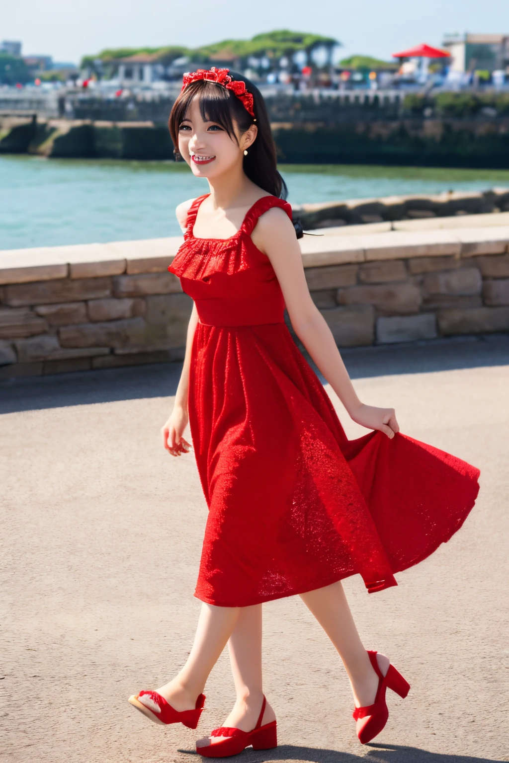 high-definition picture,1girl in, Solo, , Pudding,,fullbody image, masutepiece, Best Quality,red satin fitted dress，at seaside，Smile and turn to me,Walking