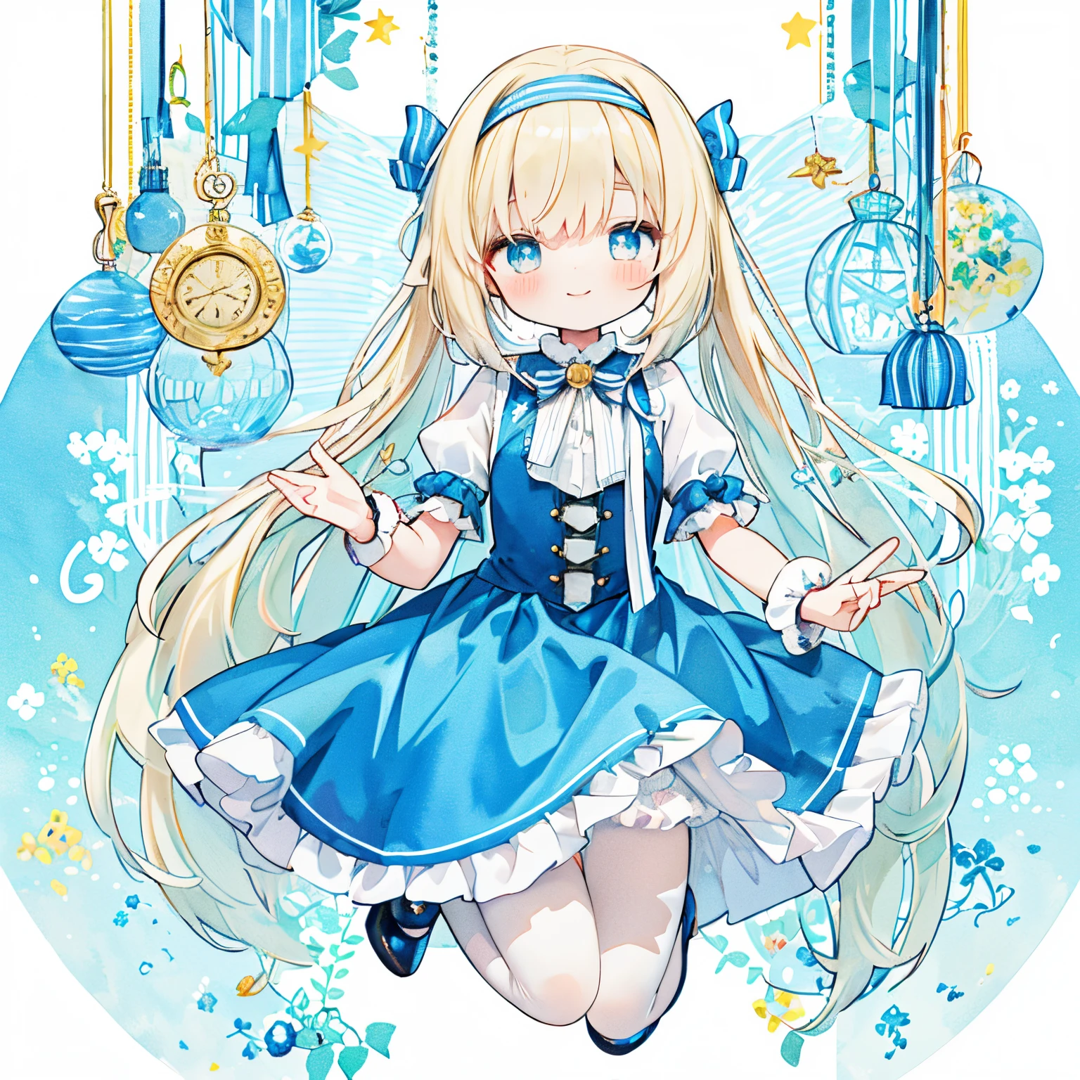 jumpping:1.1,((white and light blue striped ribbon theme:1.5))、1girl with、A smile、Transparent watercolor,girl,Jewel Eyes,Beautiful arrangements and motifs,Pink、A slight smil、 Alice in Wonderland style girl,In the style of Victorian era costumes, Dreamy motifs, Light blue dress, cottagecore, White and azure, Layered patterns, Female anime character wearing a blue dress and white top, alice from alice in wonder land, , small curvy , Alice, Cute anime waifu in a nice dress, like alice in wonderland, blonde anime girl with long hair,(blue high heels、Blue strap、white and light blue striped headband、white and light blue striped socks:1.8)