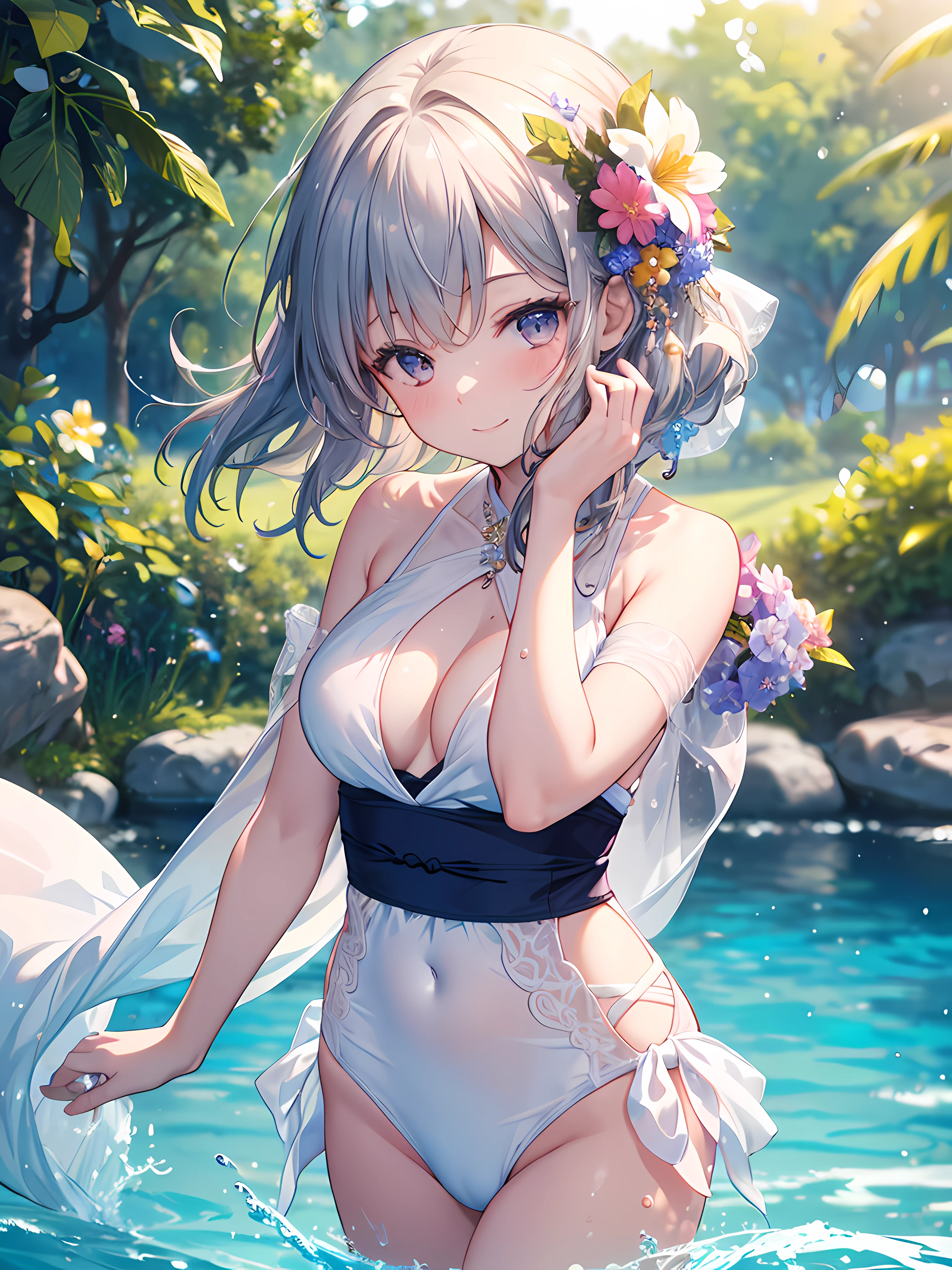 masterpiece, extremely detailed CG unity 8k wallpaper, 1girl, beautiful, realistic, blurry, blurry_background, blurry_foreground, face smile, happy, branch, depth_of_field, flower, jewelry, nose, realistic, solo, fingers hidden, arms hidden, swimsuit japan, swimming pool