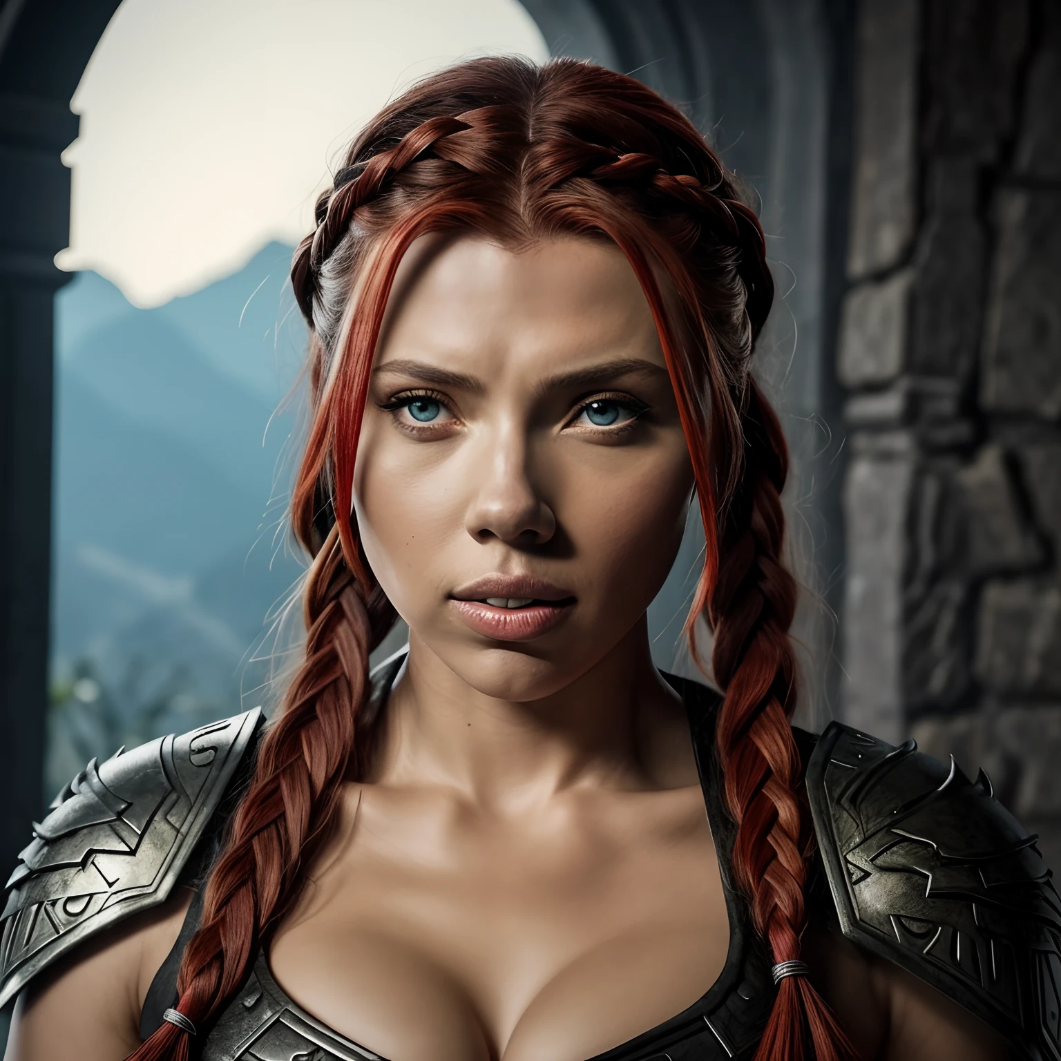 Berserker, barbarian woman(Scarlet Johansson), Arte de Fantasia, of his gaze alone enemies beginning to panic, one head, devilish smile, besta do inferno, demonio, White Fire Sky, guerreira, com foice e escudo, Linda, Mulheres, Werelion, Long red braided hair, olhos dourados brilhantes, realista, altamente detalhados, Motor irreal, 8k de luxo