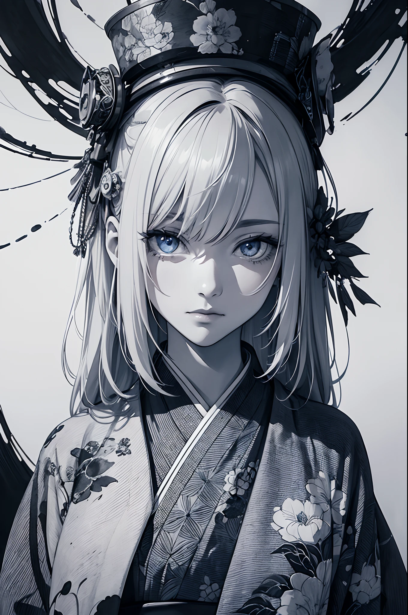(((ink and wash style))),((Best quality)), (masterpiece:1.5), (8k cg wallpaper), (the vast world of lies, false sky, real girl, abstract: 1.4),(masterpiece:1.3),(fluorescent, intricate, surreal, breathtaking, incredible, quiet, silent),(best quality),(ultra-detailed, high resolution, extremely detailed:1.5), one girl, silver hair, blue eyes, looking sideways, cool face, kimono, ephemeral, Ink painting