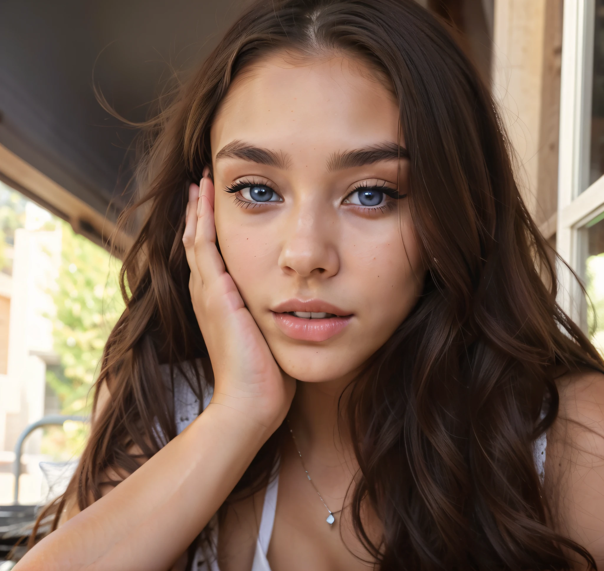 araffed woman with long hair sitting at a table with her hand on her face, portrait sophie mudd, soft devil queen madison beer, madison beer girl portrait, madison beer, gorgeous latina face, beautiful young girl, :: madison beer, she has olive brown skin, 18 years old, gorgeous young model, a beautiful -aged girl, blue eyes, blue eyes, blue eyes