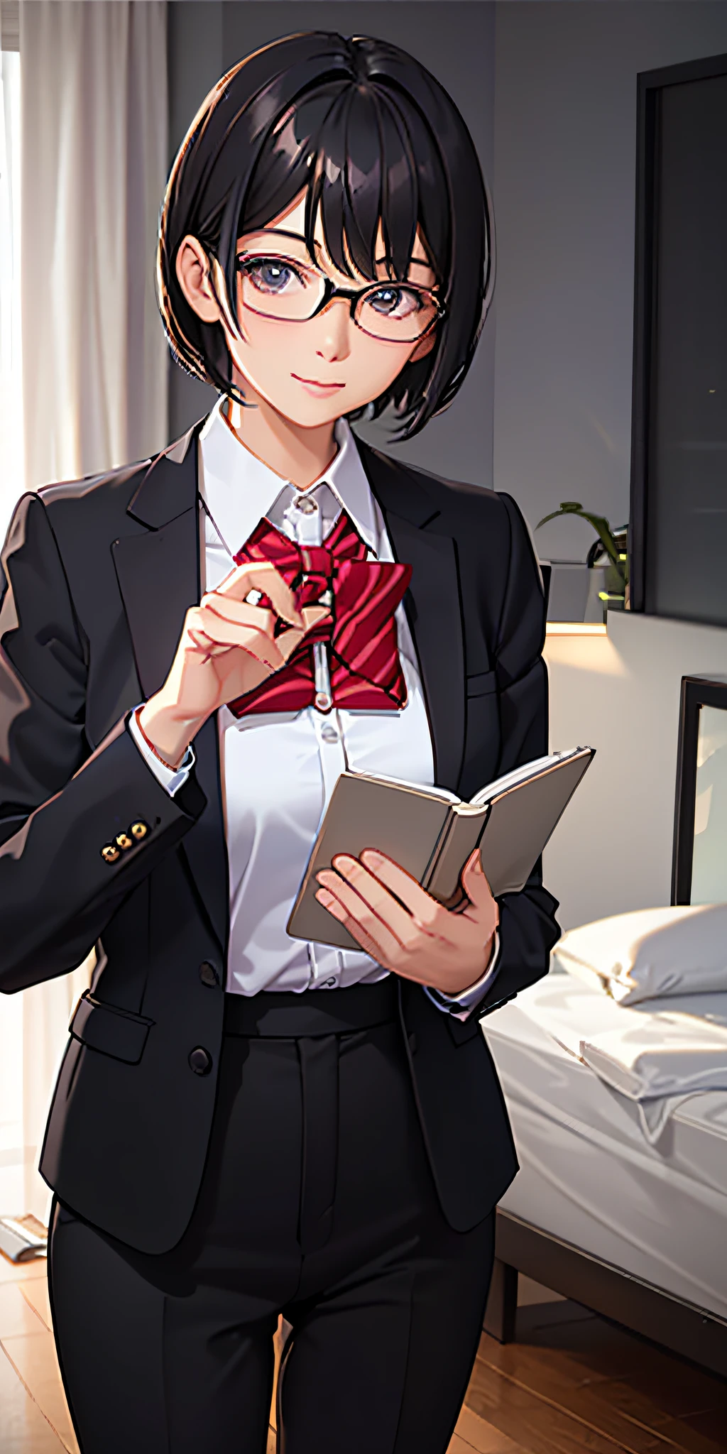 Real estate agent sales、recommending properties、20-year-old girl、short-haired、Black suit、eye glasses、Backlight illumination、background cute room