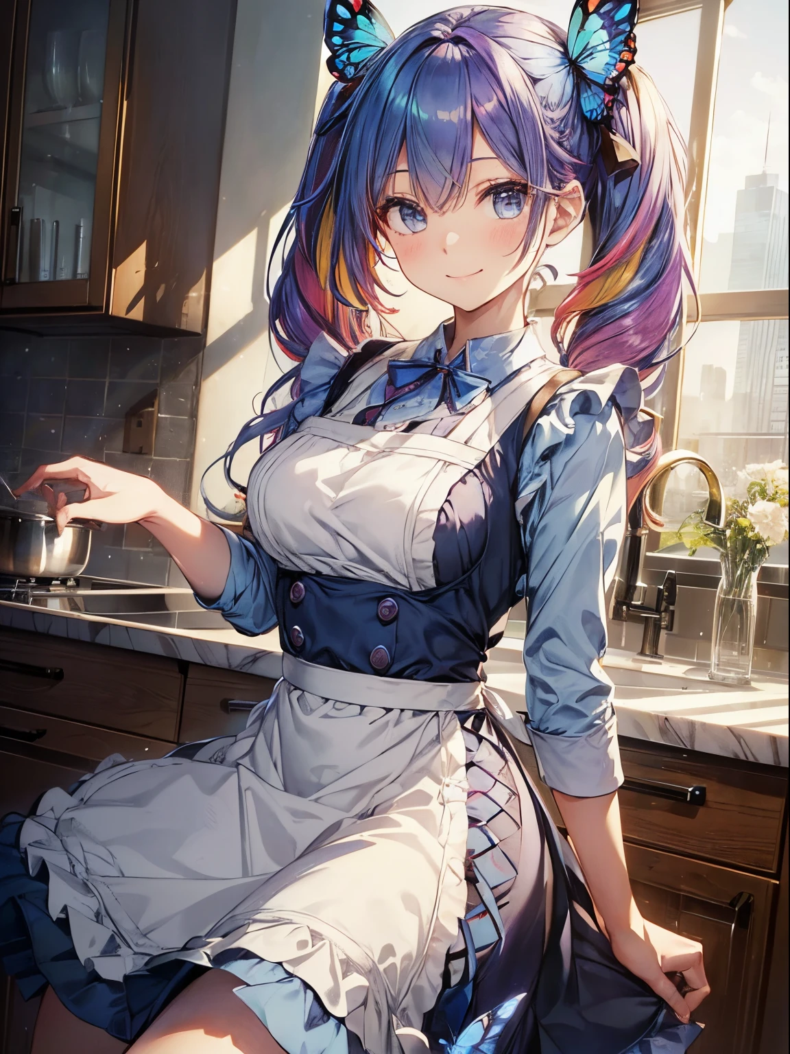 Kitchen Island, Large windows with a view of the cityscape、kitchin_Apron,(masutepiece:1.3), (8K, Photorealistic, Raw photo, Best Quality: 1.4), Beautiful face, (Realistic face), Beautiful detailed eyes, (Realistic skin), Attractive, Intricate details,Golden ratio,  1 girl,A smile, (rainbow hair:1.4),((Long twintails,Ribbon 1.4)),pinafore（blue butterfly apron dress）,(Blue butterfly hair ornament),Breakfast,Dynamic Pose,Dynamic Angle,Intricate details, Hyper realistic, Perfect Anatomy、A smile、Smiling、Face enhancement