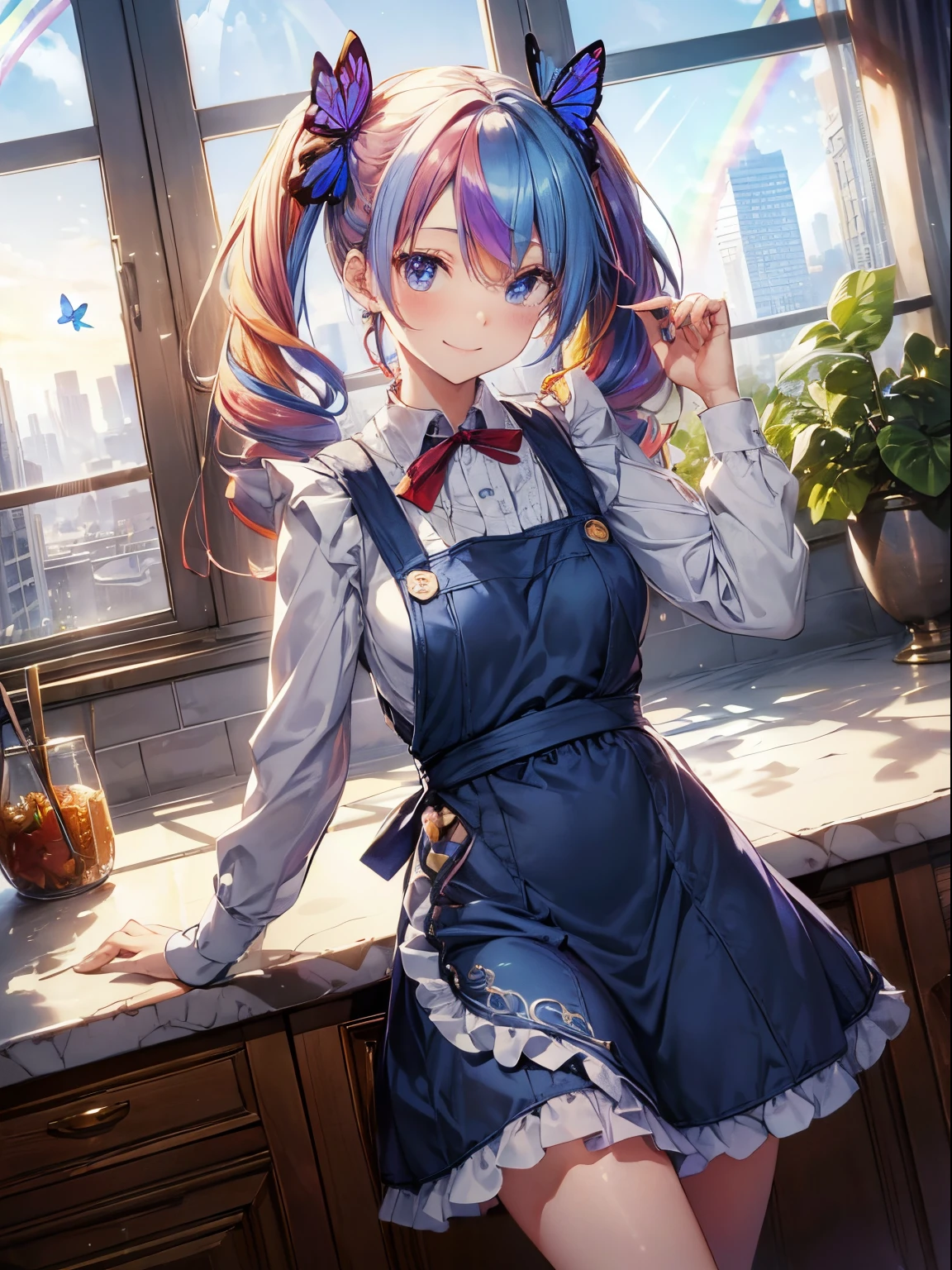 Kitchen Island, Large windows with a view of the cityscape、kitchin_Apron,(masutepiece:1.3), (8K, Photorealistic, Raw photo, Best Quality: 1.4), Beautiful face, (Realistic face), Beautiful detailed eyes, (Realistic skin), Attractive, Intricate details,Golden ratio,  1 girl,A smile, (rainbow hair:1.4),((Long twintails,Ribbon 1.4)),pinafore（blue butterfly apron dress）,(Blue butterfly hair ornament),Breakfast,Dynamic Pose,Dynamic Angle,Intricate details, Hyper realistic, Perfect ???????、A smile、Smiling、Face enhancement