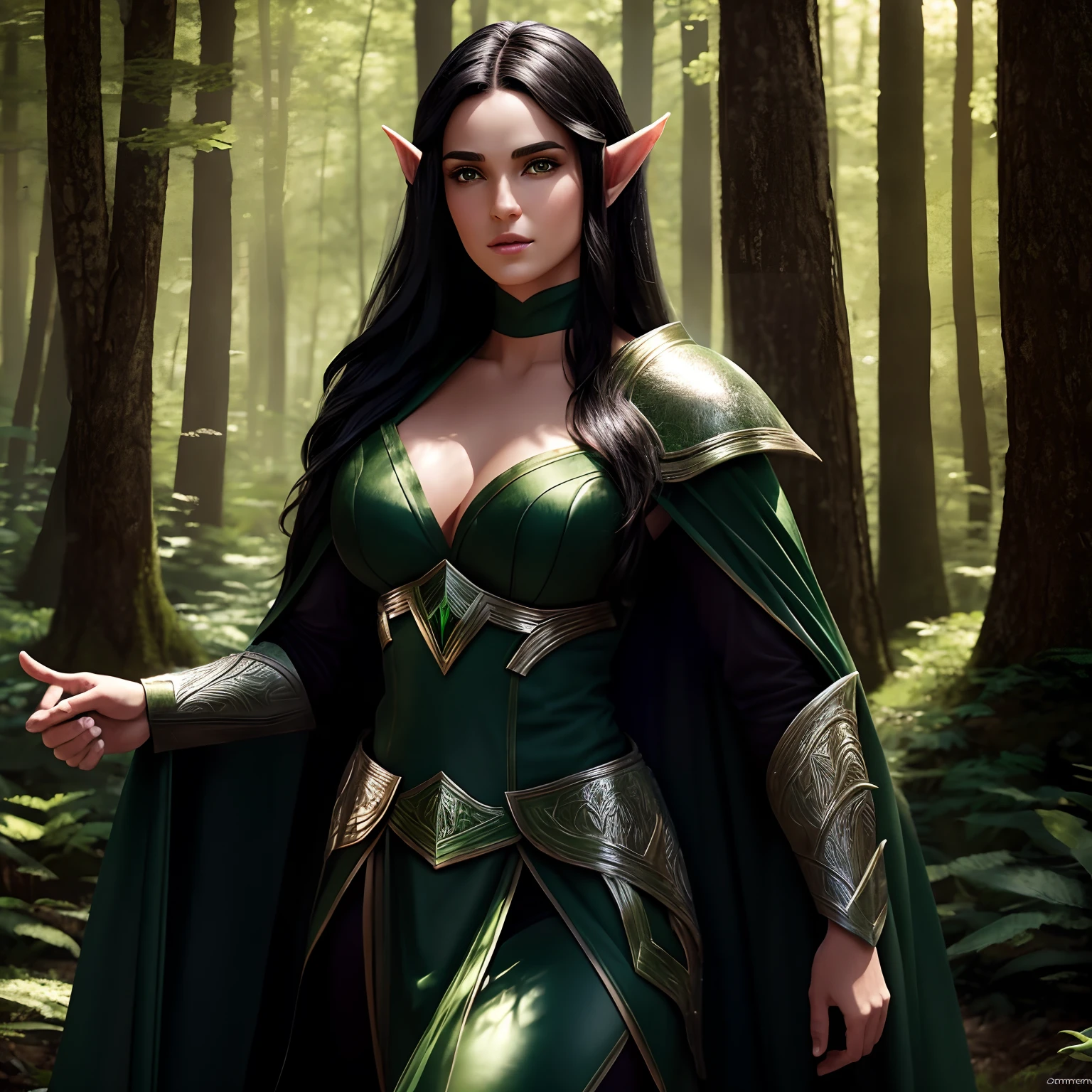 beautiful forest elf, pretty face, nice body, black hair, wearing armor, green cape, in a forest, 8k, extremely detailed, ultra realistic