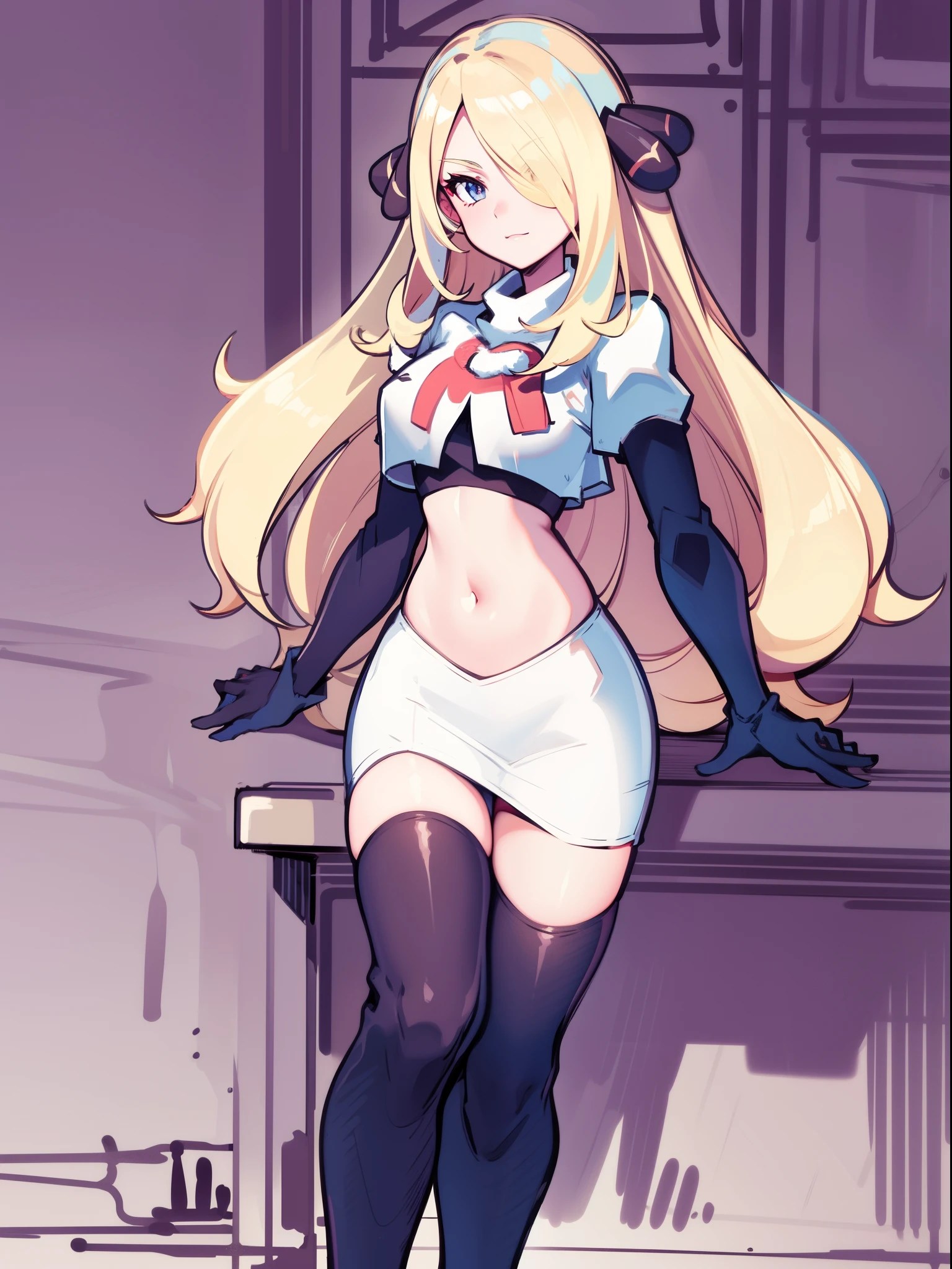 (best quality) BREAK cynthia \(pokemon\),team rocket,team rocket uniform,white skirt,crop top,black thigh-high boots,black elbow gloves,