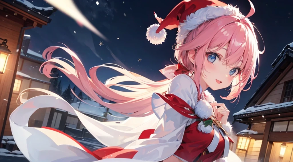 ((Ultra-detailed)), (top-quality),((masutepiece)), ((Super exciting)), ((8K)), ((extremely clear)), ((Very sophisticated)), (Anime quality), (。.3D), (Photography), Upper body, japanaese girl, , Pink hair, Short ponytail, Hair Ribbon, Ahoge, drooping eyes, Blue eyes, Clear eyes, long eyelashes, Thin eyebrows, Beautiful breasts, Smiling, Open mouth, cheek flash, White sigh, Clear Body, Clear eyes, Light shines in, gleaming, shiny-glistening, Natural Skin Texture, shining face, Dancing Snow, Dynamic Angle, High angle, Look at viewers, Detailed face description, At night, winter snow, Looking from the side, santa claus, Santa Claus hat, Santa Claus Costume, give a gift box, Christmas, Christmas Gift Box, At night, Dark background, Background of dark residential area, midriff baring