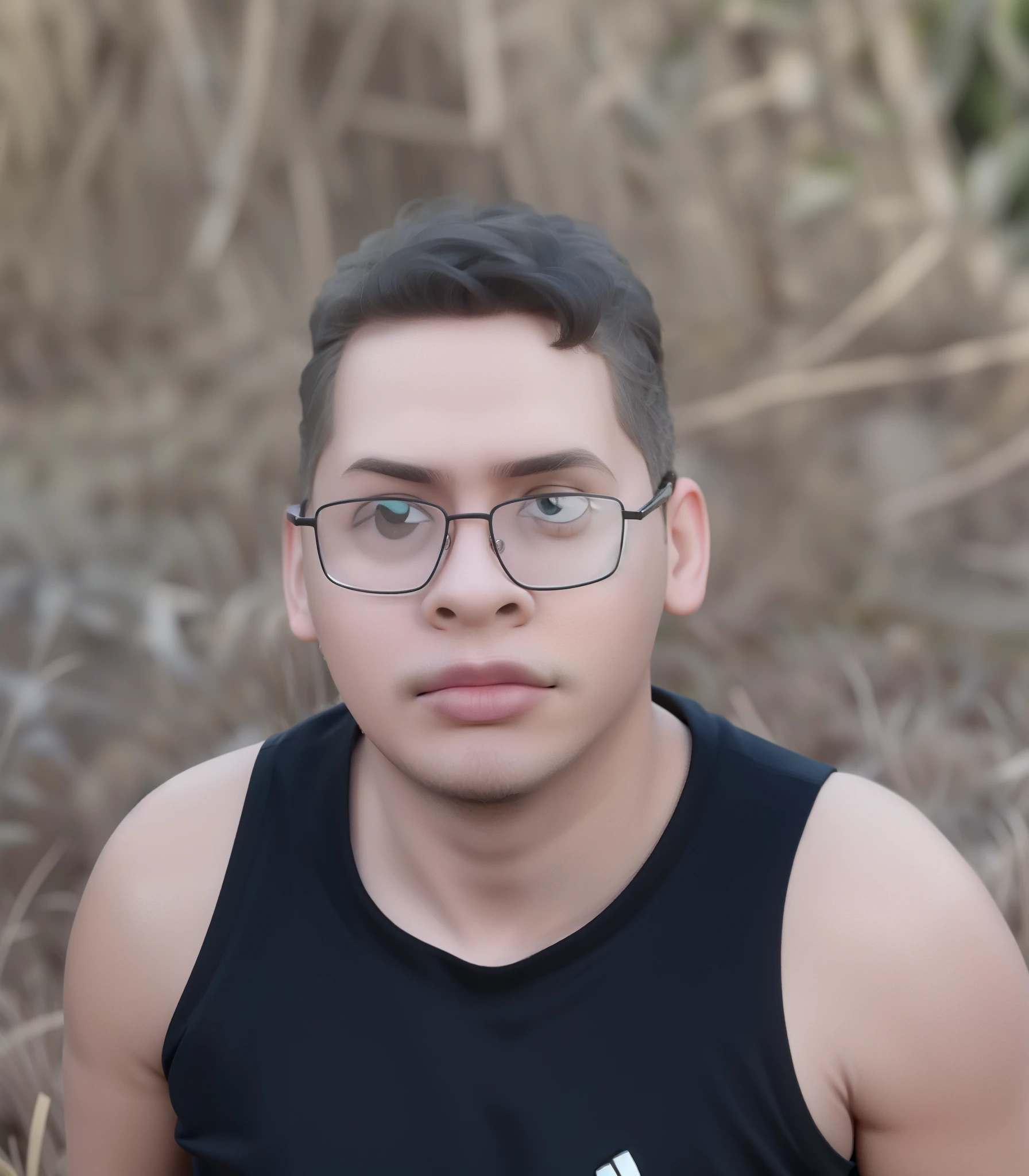 Man with glasses and black shirt posing for a photo in the background of dry grass in Cartoon style big eyes and rounded face