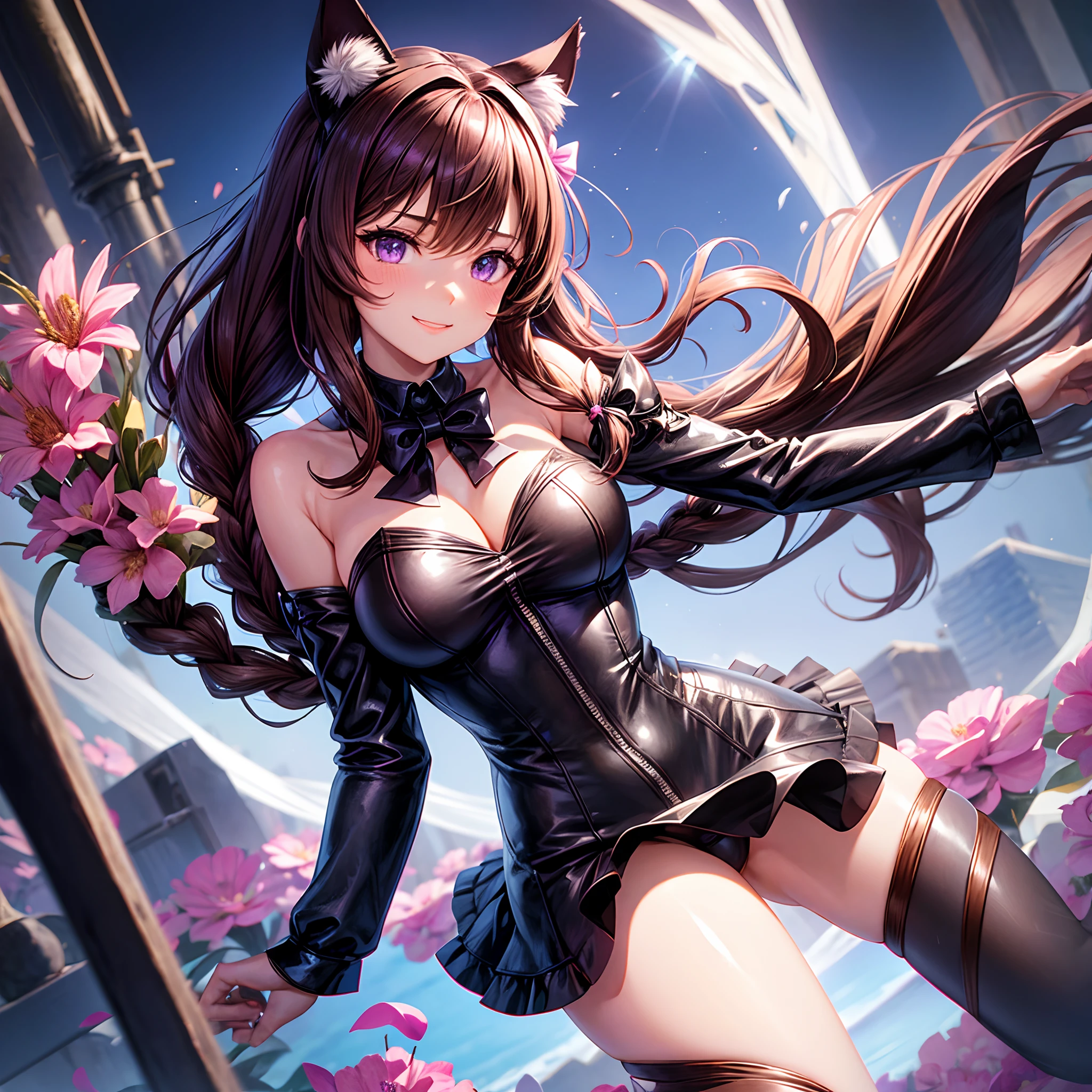 1girl in, Naked, Animal ears, Purple eyes, Brown hair, Wings, Solo, Long hair, blush,leather jackets，a smile，huge tit，girl， Cat ears, Flowers, Looking at Viewer, Braids, the bow, slutty dress, pink flowers, the bow, a beauty girl，Hair Accessories, Bangs, Cats, Hair Flower, Animal ear hair, Holding, Virtual Youtuber, blue bow, holding animal, catwoman, stuffed toy