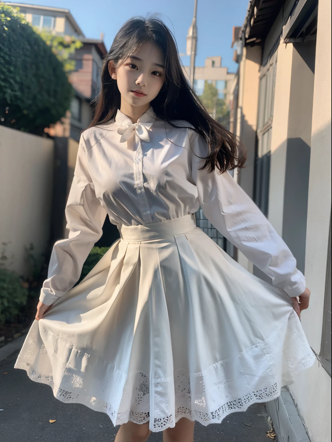 Original quality, highest quality, best image quality, exaggerated detail, cute 8-year-old asian girl with shy expression, slightly squinted eyes, adjust her hair, long eyelashes (long / very, in uniform) outdoors, posing in front of the camera, focus on breasts. Wear a white shirt.，Bigchest，The chest is more exposed， Thin silk lace petticoat