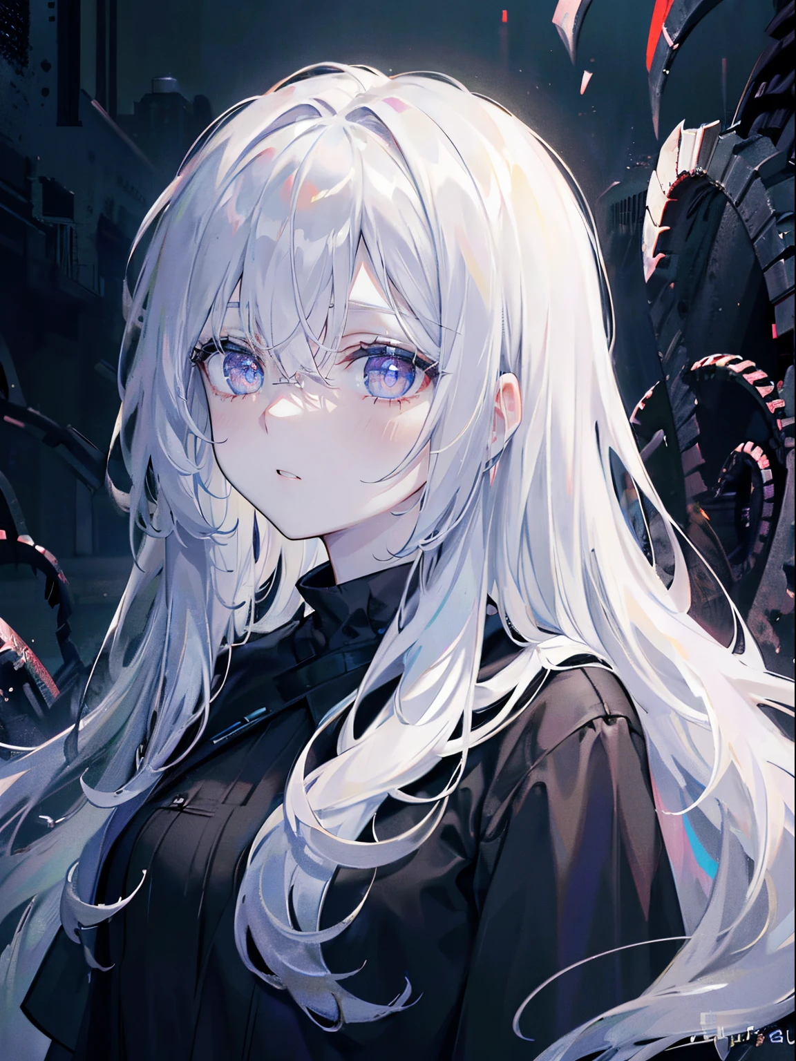 (masterpiece,best quality,ultra-detailed),1girl, white hair,very long hair, curly hair,beautiful and detailed face, detailed eyes,long hair,looking at viewer,((grey theme),pale skin, glowing eyes ,((night)),dark ambient,