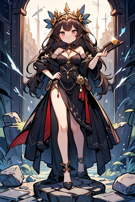 (very delicate, Masterpiece, Excellent lighting and shadows, HD wallpaper 8K), woman, 22 years old, princess, black hair, red, straight hair, Floor-length, ดวงตาสีred, big round, plump lips, Pink cheeks, big breasts, wide hips, ชุดสีred, evening dress, golden crown, In the middle of the forest, sit