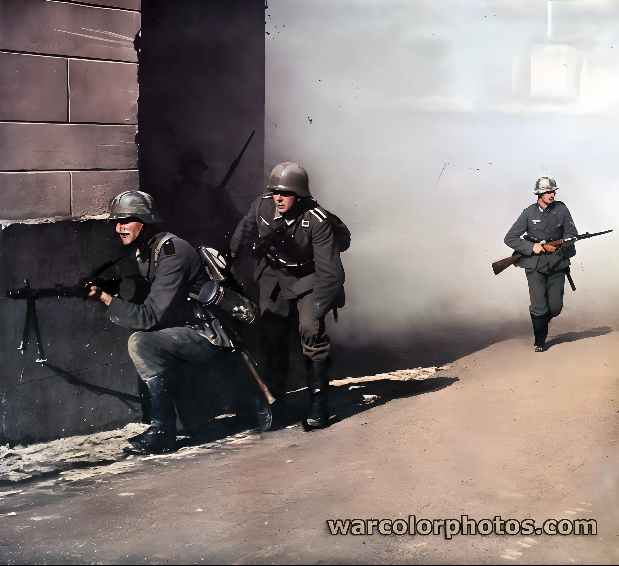 soldiers in uniform are walking down a street with their weapons, ww2 historical photography, ww 2 historical photography, ww2 historical photo, colourized, award winning colorized photo, ww2 photo, colourised, german and soviet soldiers, war photo, soldiers charging in, colorized photograph, soldiers charging the enemy, berlin 1 9 4 5, a colorized photo, colorized