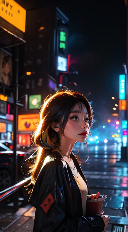 (masterpiece, high quality, highres,illustration), 1girl, galaxy multicolored hair in New york city at night with orange fog, cybercity,