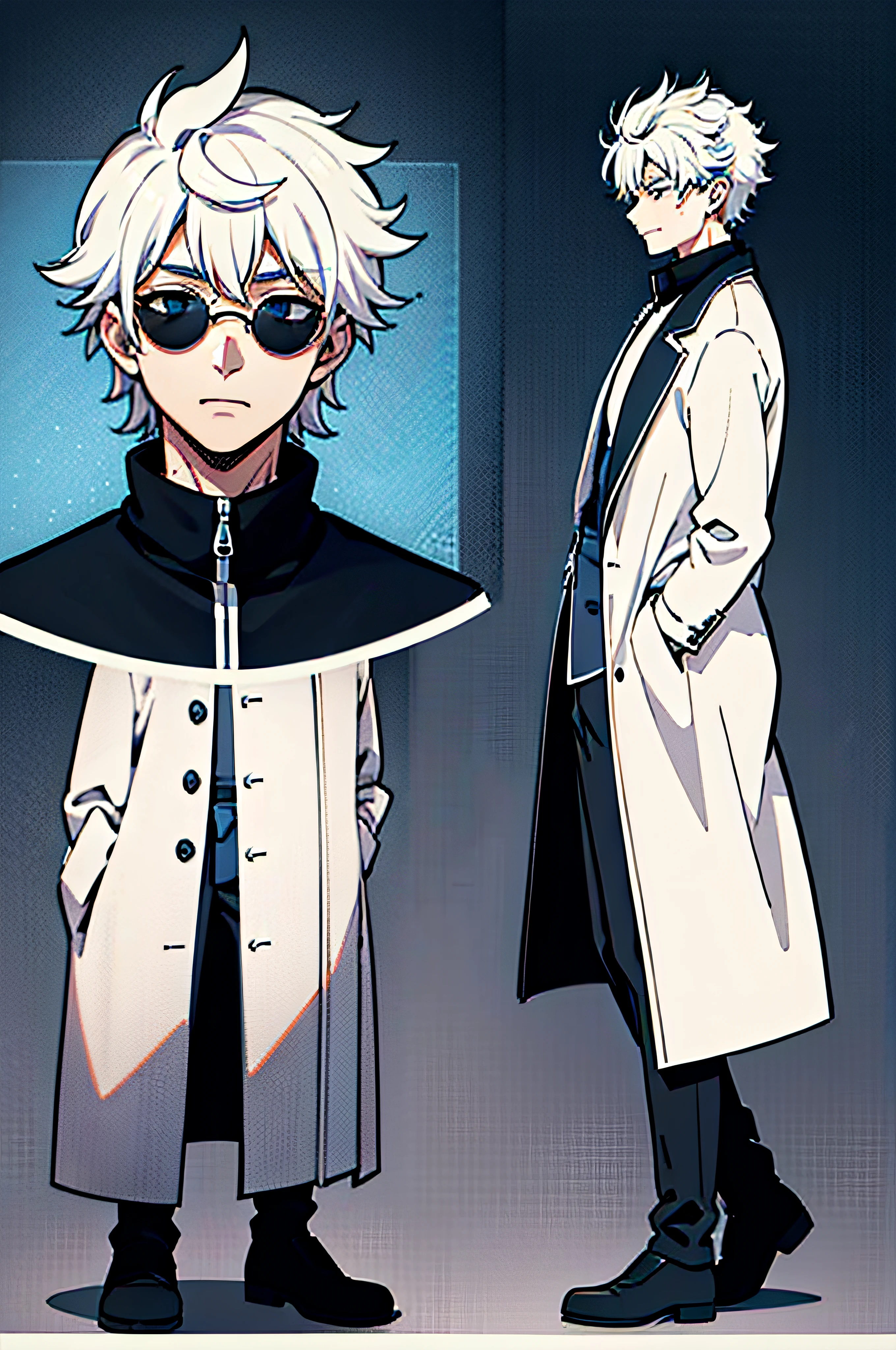 Jujutsukaisen Sreencap of a Gojo Satoru, male, with a thin man of about 24 years old, with a light complexion, muscular and tall, his hair is white and he usually has all his hair disheveled and much of it tends to fall on his face, covering a large part from his forehead. His eyes are a peculiar light blue color. Dressed in a black long-sleeved jacket. Lustful face. Screencap close up from MAPPA Studios Season 2. character sheet. character design. full body view, full shot, front view, back view, strong highlights, sharp outlines, sharp shadows, 8k, high quality, solid white background, (cell shading)
