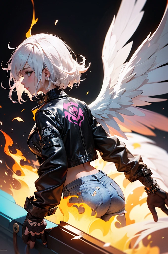 (best quality,ultra-detailed),a woman with white hair wearing a black leather jacket,a white top,and ripped jeans,with fire wings emerging from her back,illustration,additional details:urban background with graffiti,tattoos covering her arms,high-contrast lighting,portrait style,vivid colors,warm tone.