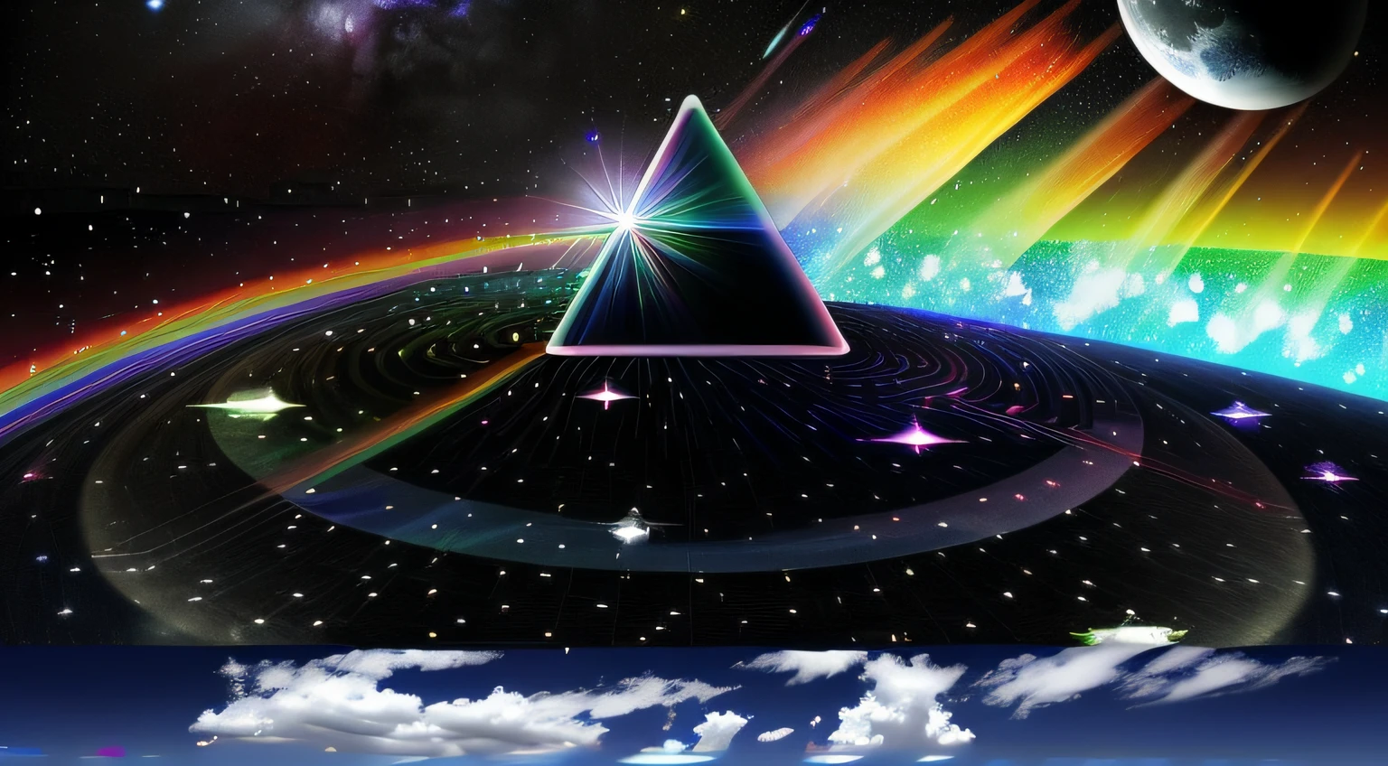a dark side of the moon with a rainbow prism in the sky, O lado escuro da lua, prisma, Pink Floyd, lado escuro, Pink Floyd album cover, inspirado em Storm Thorgerson, 🚀🚀🚀, esoteric equation heaven, O lado sombrio, 🚀🌈🤩, Harmonia do Universo, estilo psicodelia sombrio, Roygbiv, prismaático