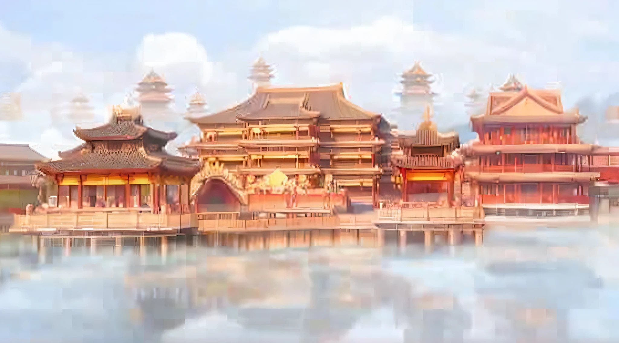 China city pictures, a temple background, 《Kola Legend》poser, Beautiful renderings of the Tang Dynasty, a palace floating in the air, palace background, chinese fantasy, Cloud Palace, Chinese Dreamland, background depicting a temple, Chiba Yuda, A palace floating in the air, Dream Chinatown