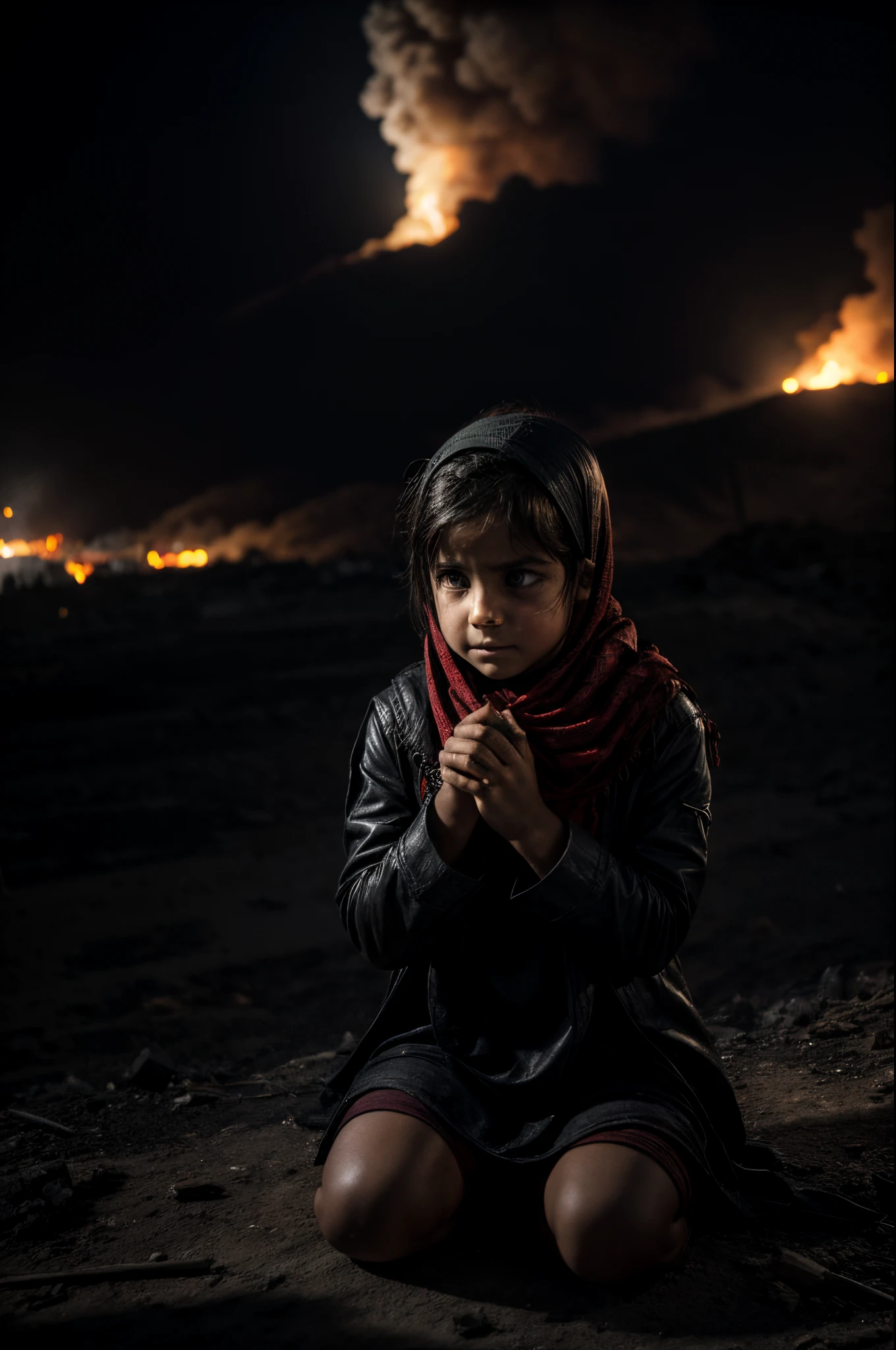 Ciudad Palestina destruida, ciudad de Gaza, escombros con fuego, child kneeling crying, Tears in her eyes, rostro con dolor, rostro detallado, ropa con colores palestinos, bandera Palestina en el suelo, tono oscuro, Melancholic tone, durante la noche, marcas de misiles en el cielo, hiperrealista, 8k