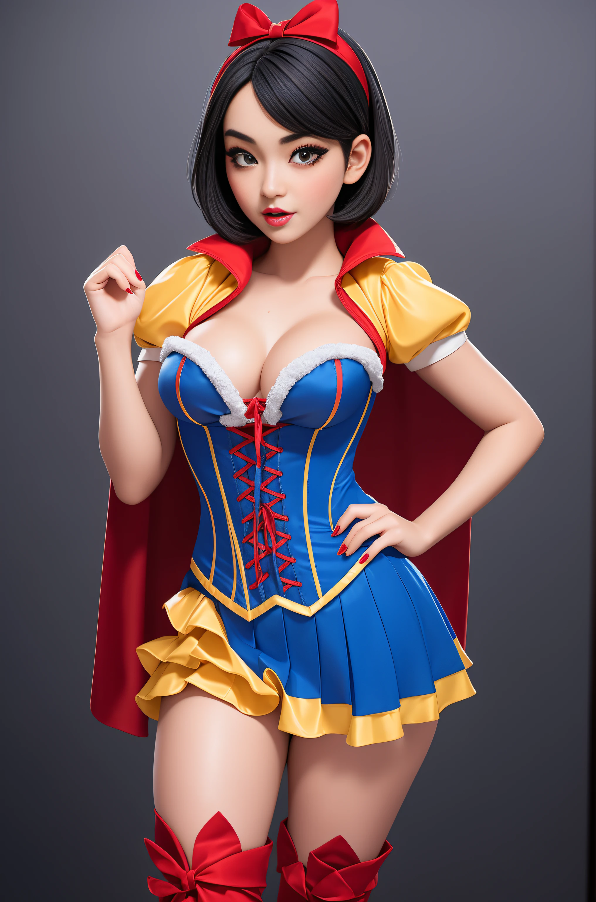 Beautiful Korean 18 year old woman, wearing snow white cosplay, blue silk corset, red silk cape, yellow silk pleated skater skirt, , black short  bob hair, red hairband,   , masterpiece, photorealistic, amazing detailed face, amazingly detailed skin, boots,