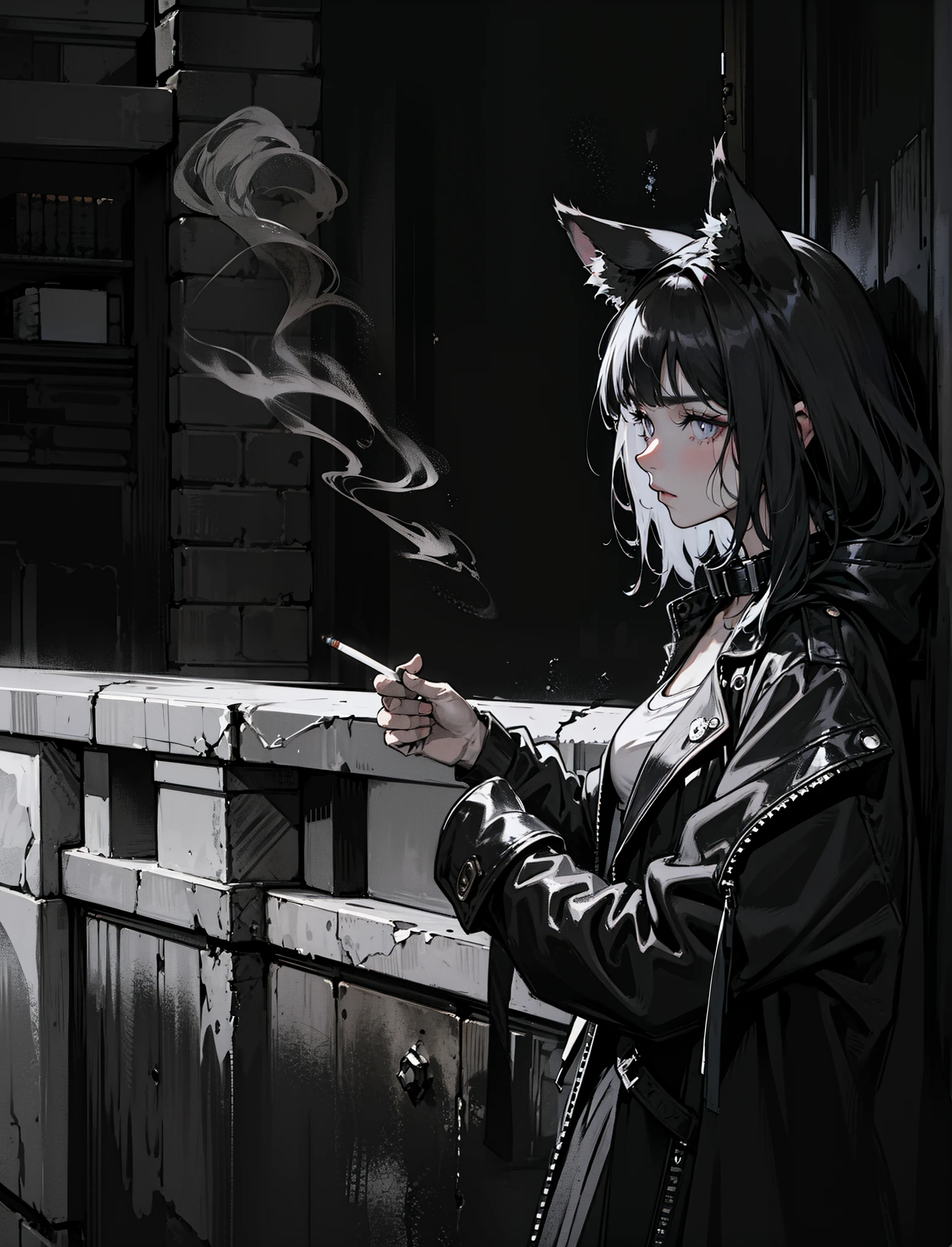 The Wolf Girl, black  hair, wolf ears with white fur inside, high collar coat, lights a cigarette, black and white, Noir, Pathos, standing against the wall, leaning on the wall, Street, NOhumans, a 1girl, cigarette,  from on the side, Grayscale, Keeps, Monochrome, railing, Smoke, smoking, 独奏, Anime style, 2d drawing, Thoughtful, Serious, Pathos, Noir