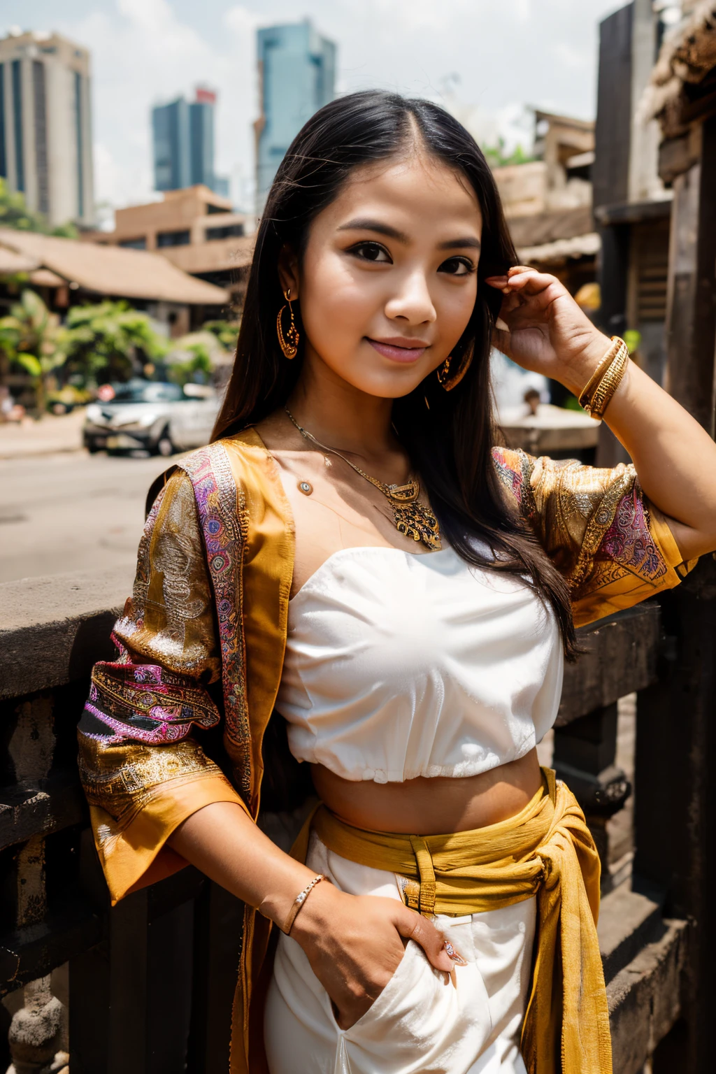 8k, highest quality, ultra details, portrait, Javanese girl, modern attire, trendy fashion, urban background, confident pose, vibrant colors