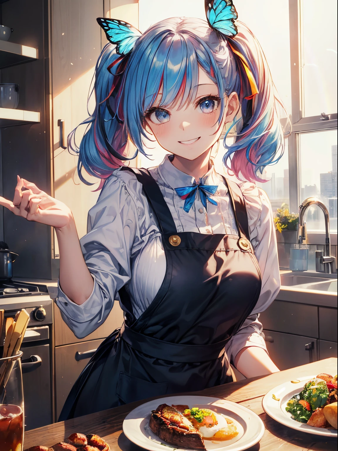 Kitchen Island, Large windows with a view of the cityscape、kitchin_Apron,(masutepiece:1.3), (8K, Photorealistic, Raw photo, Best Quality: 1.4), Beautiful face, (Realistic face), Beautiful detailed eyes, (Realistic skin), Attractive, Intricate details,Golden ratio,  1 girl,A smile, (rainbow hair:1.4),((Long twintails,Ribbon 1.4)),pinafore（blue butterfly apron dress）,(Blue butterfly hair ornament),Breakfast,Dynamic Pose,Dynamic Angle,Intricate details, Hyper realistic, Perfect Anatomy、A smile、Smiling、Face enhancement