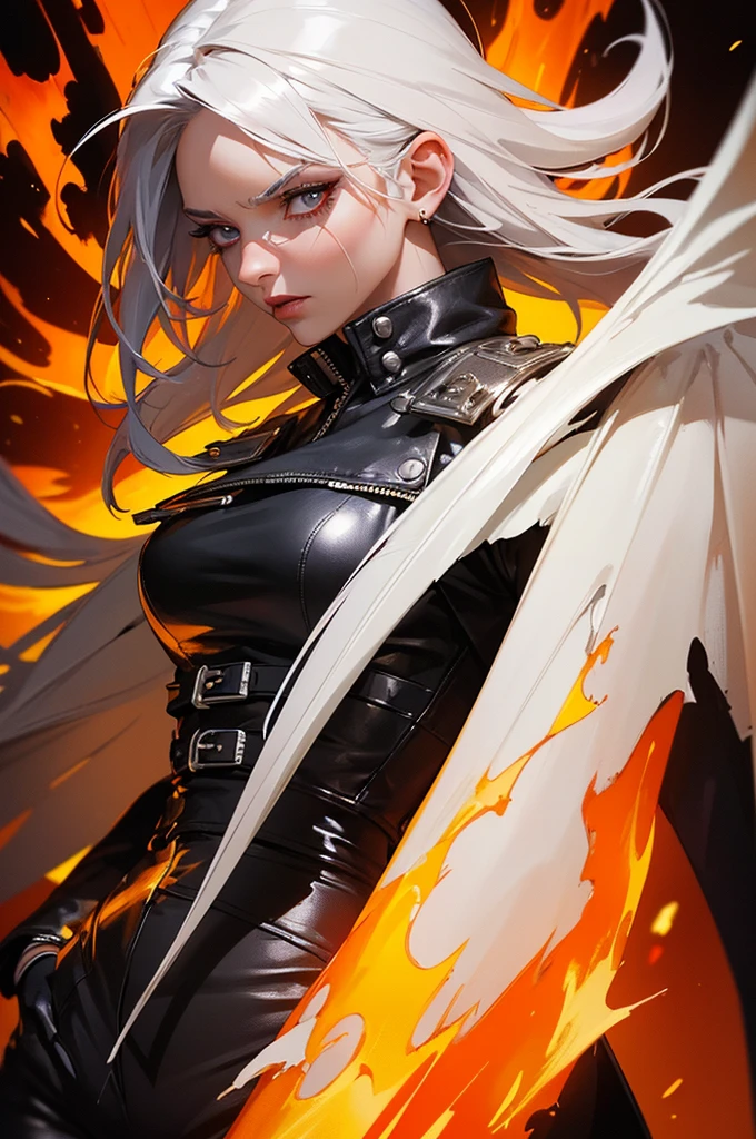 (high quality, realistic) A woman with white hair wearing a black leather jacket, a white top, and ripped jeans, with fire wings bursting out from her back. (portrait, vivid colors, sharp focus), (oil painting), (fiery atmosphere), (intense expression), (detailed facial features), (dark background)