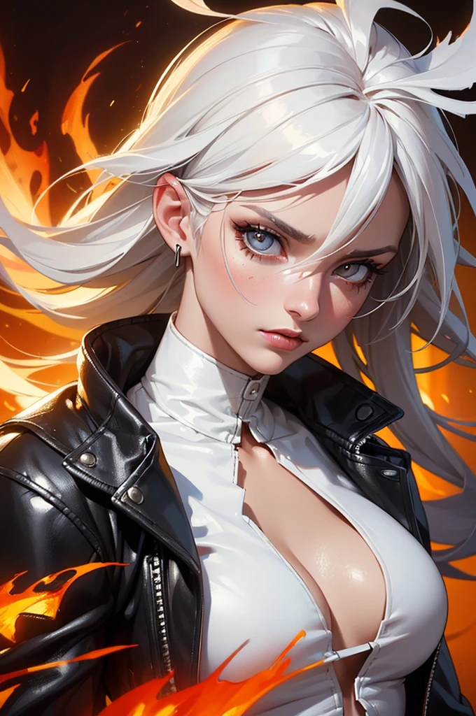 (high quality, realistic) A woman with white hair wearing a black leather jacket, a white top, and ripped jeans, with fire wings bursting out from her back. (portrait, vivid colors, sharp focus), (oil painting), (fiery atmosphere), (intense expression), (detailed facial features), (dark background)