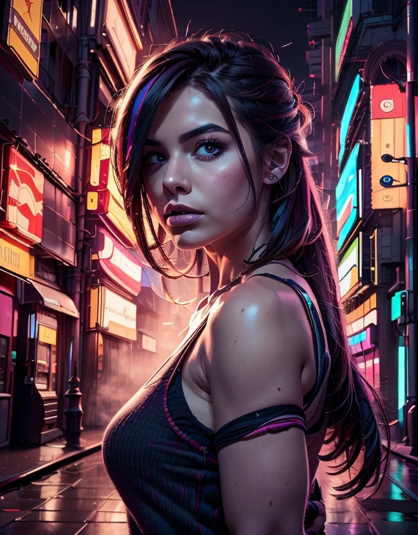 (masterpiece, high quality, highres,illustration), 1girl, galaxy multicolored hair in New york city at night with orange fog, cybercity,