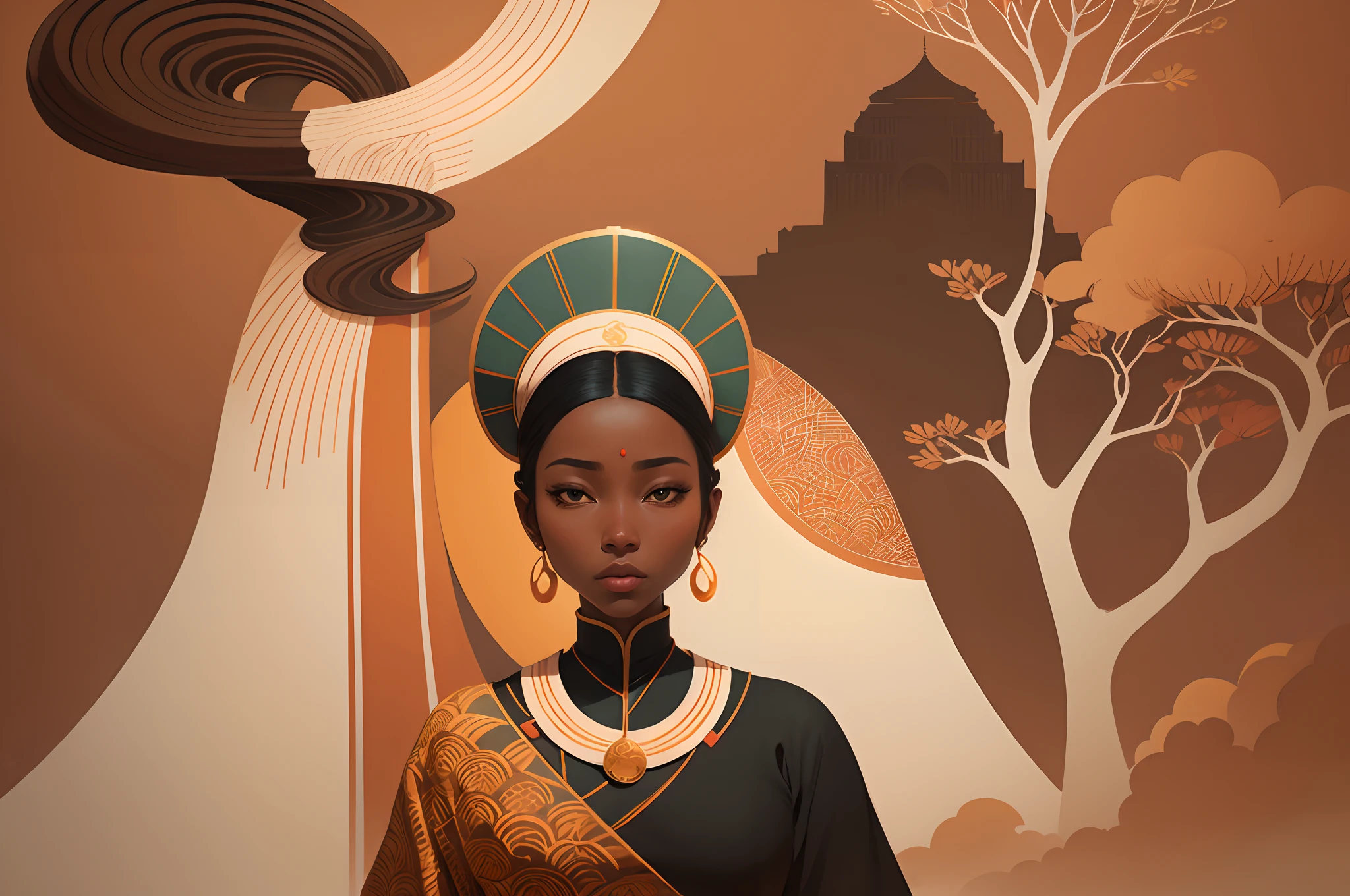 Minimalist Song dynasty mural by Alessandro Gottardo, Dream of Red clouds blended with beautiful African woman dressed in African designed clothes,  majestic view filled with warmth and happiness, Zen, dark orange and light beige style, enigmatic figures, elegant cityscape, historical painting, super fine detail, monumental mural,Fine brushwork style, aesthetic conception, Eastern aesthetics, landscape painting --auto --s2