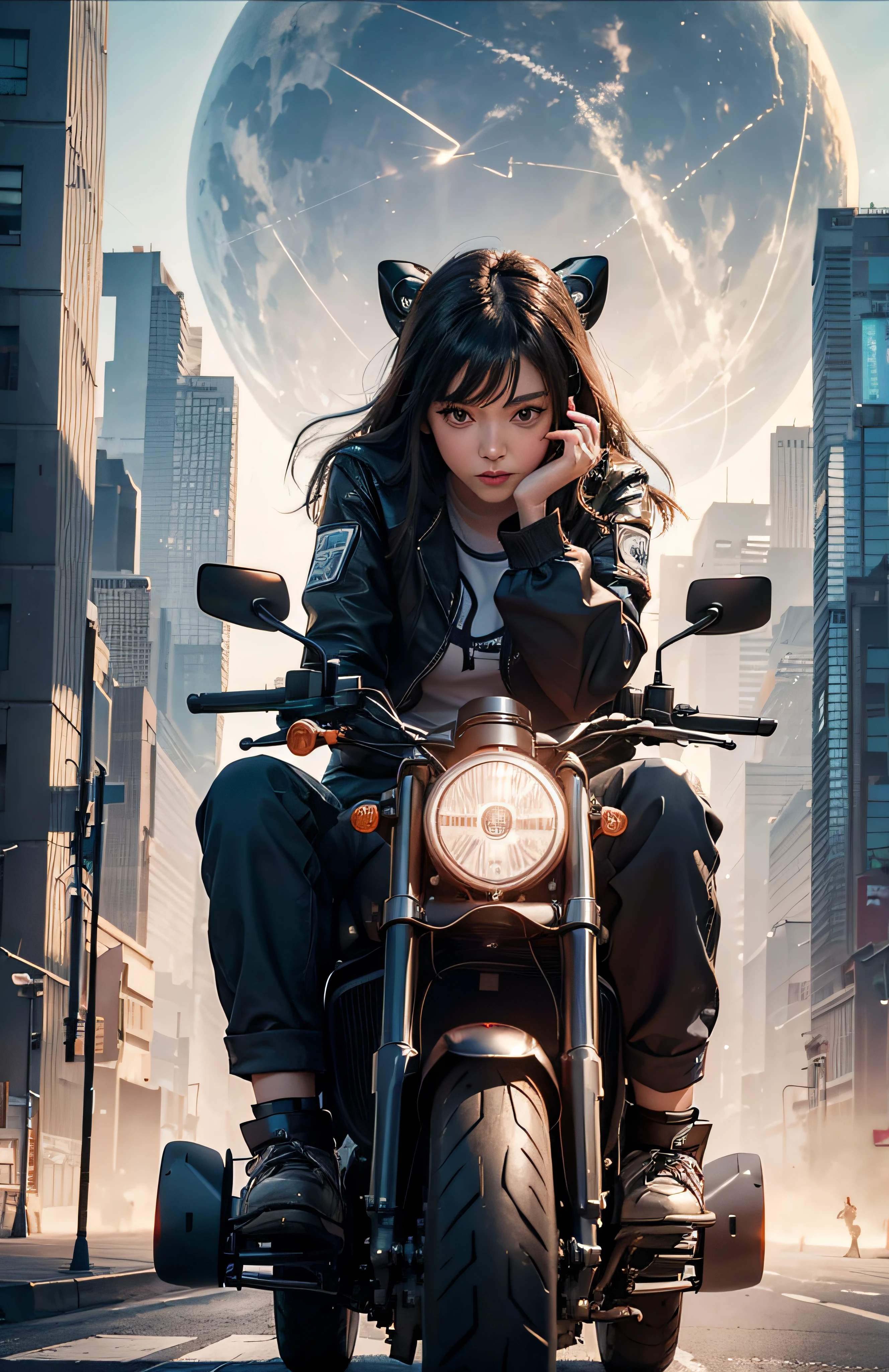 Melhor qualidade、Obra prima、A fotografia、4k、photoreallistic、Altamente detalhado、 1 menina andando de moto、tech wear、cidade cyber punk、solo、o futuro、Lua enorme no fundo、Akira's traits