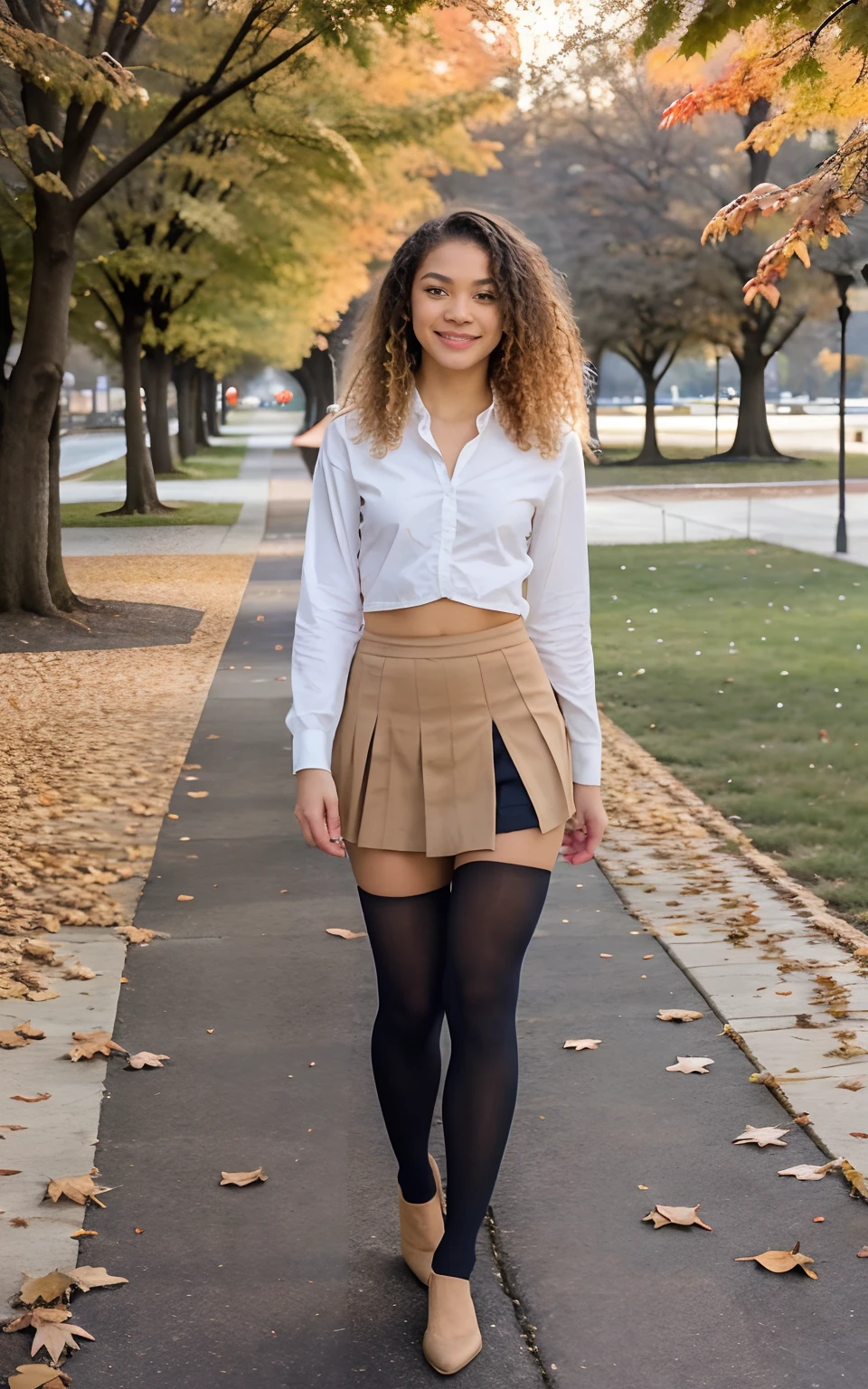 show entire body, feet in view, aerial view, Zendaya, curly blonde hair, skinny body, American school uniform, tiny skirt, smiling, pantyhose, no shoes, school hallway, , sunset, outside, fall, city lake, throwing leaves into the air, empty park, leaves on the ground, 8k, photorealistic