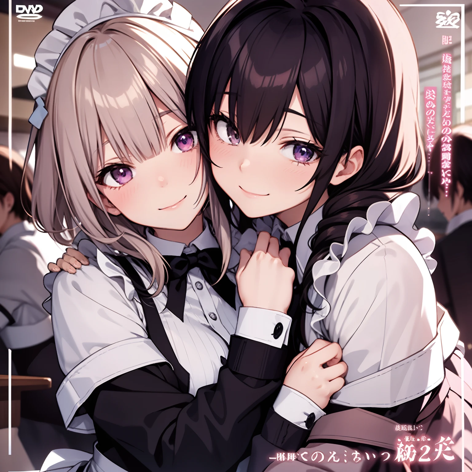 Two anime girls dressed in maid uniforms hugging each other, face close up, smiling and looking at the camera, cute background