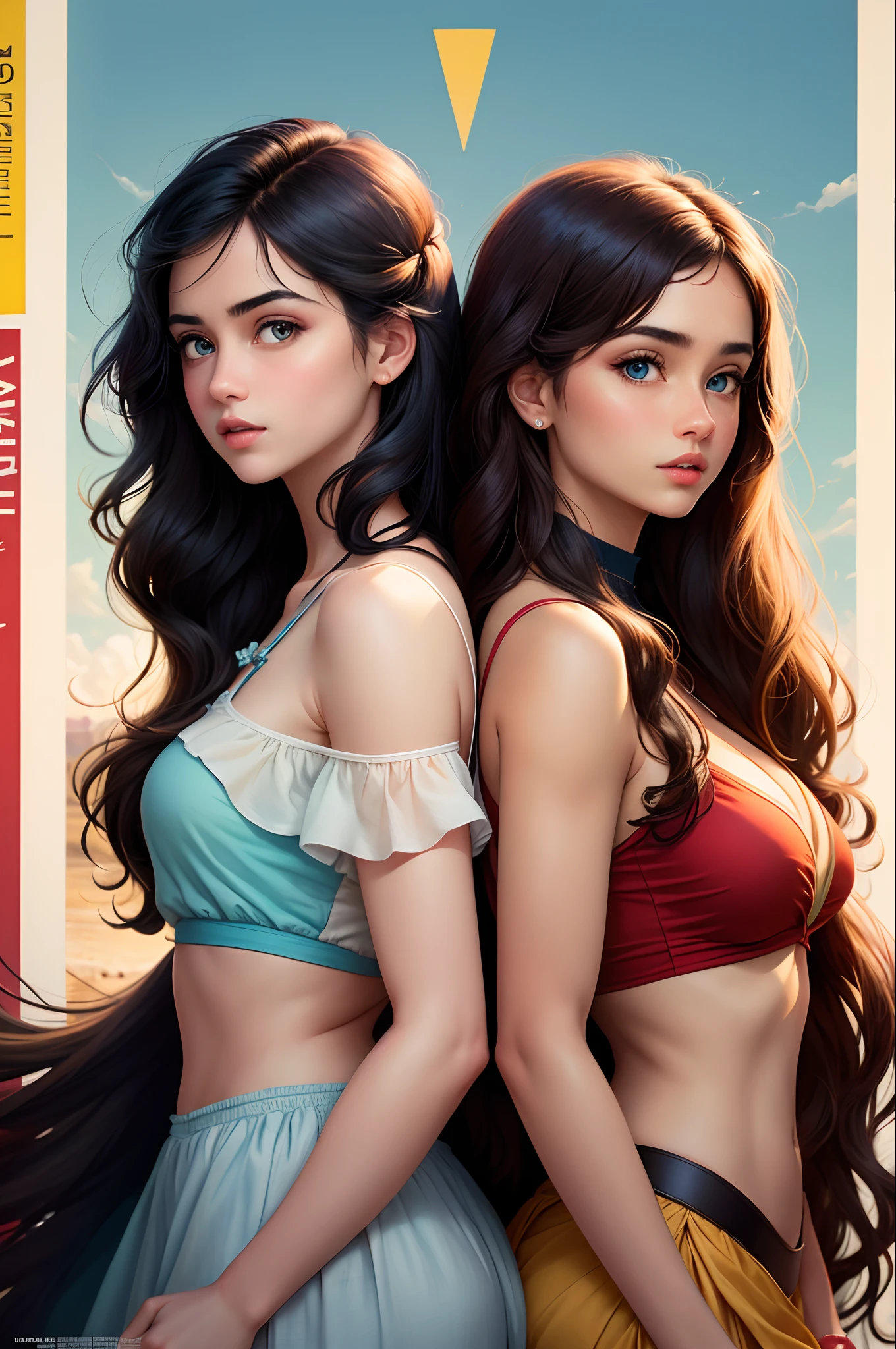 disney style poster; main focus is two girls; one white girl with blue eyes and long brown hair, and the other girl is indian with short wavy black hair