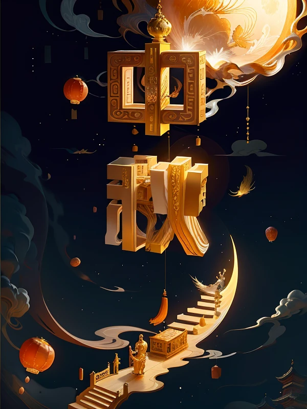 without humans, (large moon)，A osmanthus tree，change，Moon，lanterns，palaces，​​clouds, Chinese,Ivory Gold AI, tmasterpiece,Super refined,solid,super rich,ultra - detailed,32K