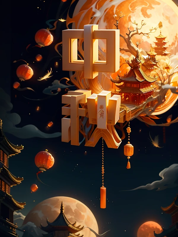 without humans, (large moon)，A osmanthus tree，change，Moon，lanterns，palaces，​​clouds, Chinese,Ivory Gold AI, tmasterpiece,Super refined,solid,super rich,ultra - detailed,32K