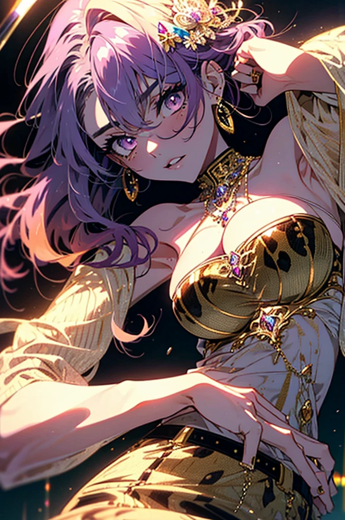 (highest quality), (masterpiece), (intricate high detailed body:1.2), gyaru, (shiny oiled skin:1.1), 1girl, sketch, leopard print micro bikini, two-tone hair, blonde hair and purple hair, long hair, blush, naughty face, (gigantic breasts:1.2),cleavage, hoop earrings, arms behind head, highleg bikini, ,hourglass figure, necklace, looking at viewer, mole on breast, navel piercing, purple eyes, sideboob, slender waist, standing, tongue out, cowboy shot, bright beach