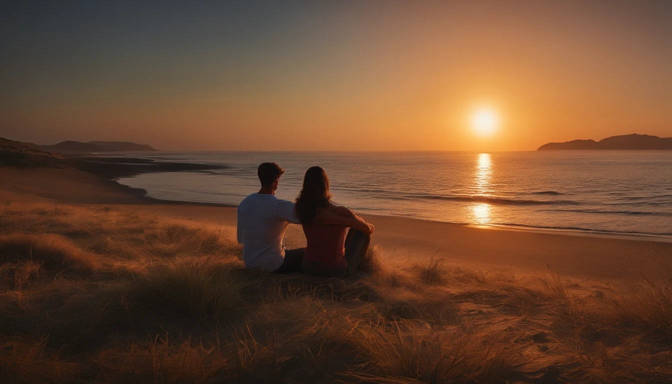 lovers sit in a meditative position, Behold the beautiful horizon as the sun sets, Man has a deep connection with God, The landscape is super detailed, Homem ultrarrealista, tudo de bom，it's beautiful, hiper qualidade. Realismo 8k