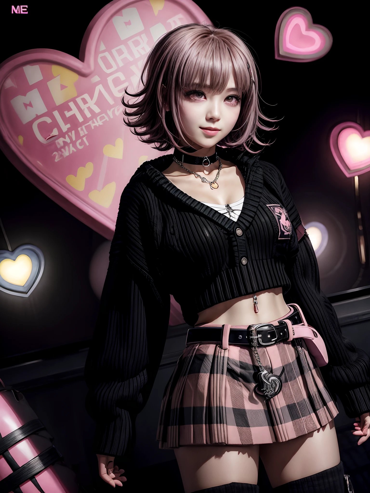 Chiaki nanami at a rave, looking at the viewer with an seductive smile, confident, nightclub, neon lights, pink short hair, pink eyes, bangs, e-girl outfit, (((Crop top, Oversized Sweater, Plaid Skirt, black Combat Boot, Winged Eyeliner, Heart-Shaped Stamp, Choker, Belt Chain))), 20 years old girl,Chiaki Nanami, Nanami Chiaki