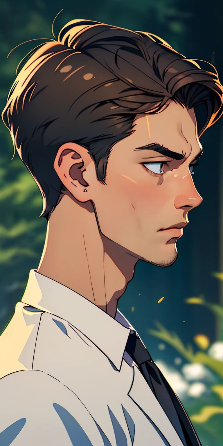 (best quality, masterpiece), 1boy, blurry background, upper body, contemporary, ,Handsome face, male face, is tall and imposing.His hair short,short hair, His face is handsome and your face is in profile, with sharp features and piercings