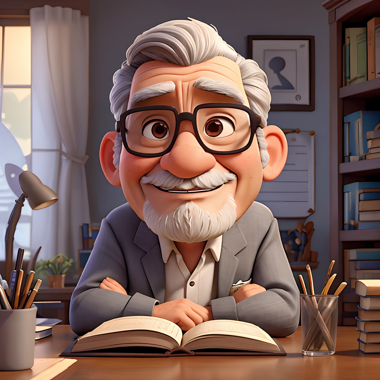 velho, inspirado na Disney Pixar, Inspirado pelo pastor ( Rubens Janeiro ) A gray-haired man wearing glasses in an office with a book on the table looking to the serious future, old man, cabelos grisalhos, um terno