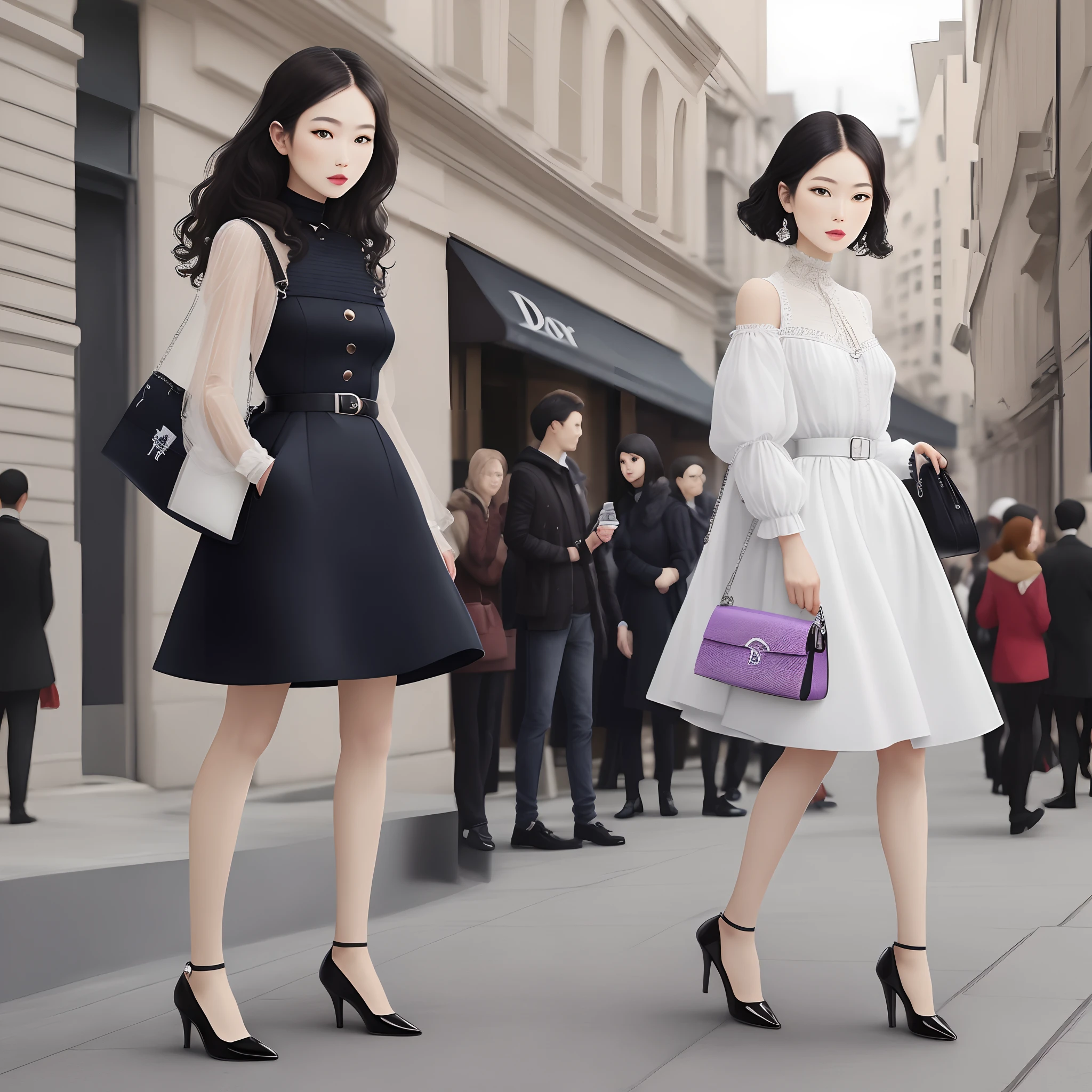 Two women in dresses and heels walking down a street - SeaArt AI