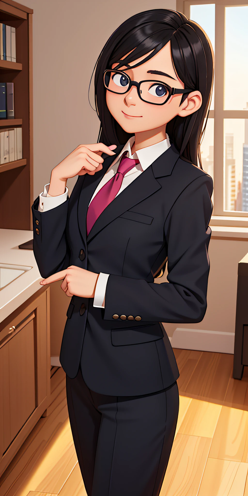Real estate agent sales、recommending properties、20-year-old girl、Black suit、eye glasses、Backlight illumination、background cute room